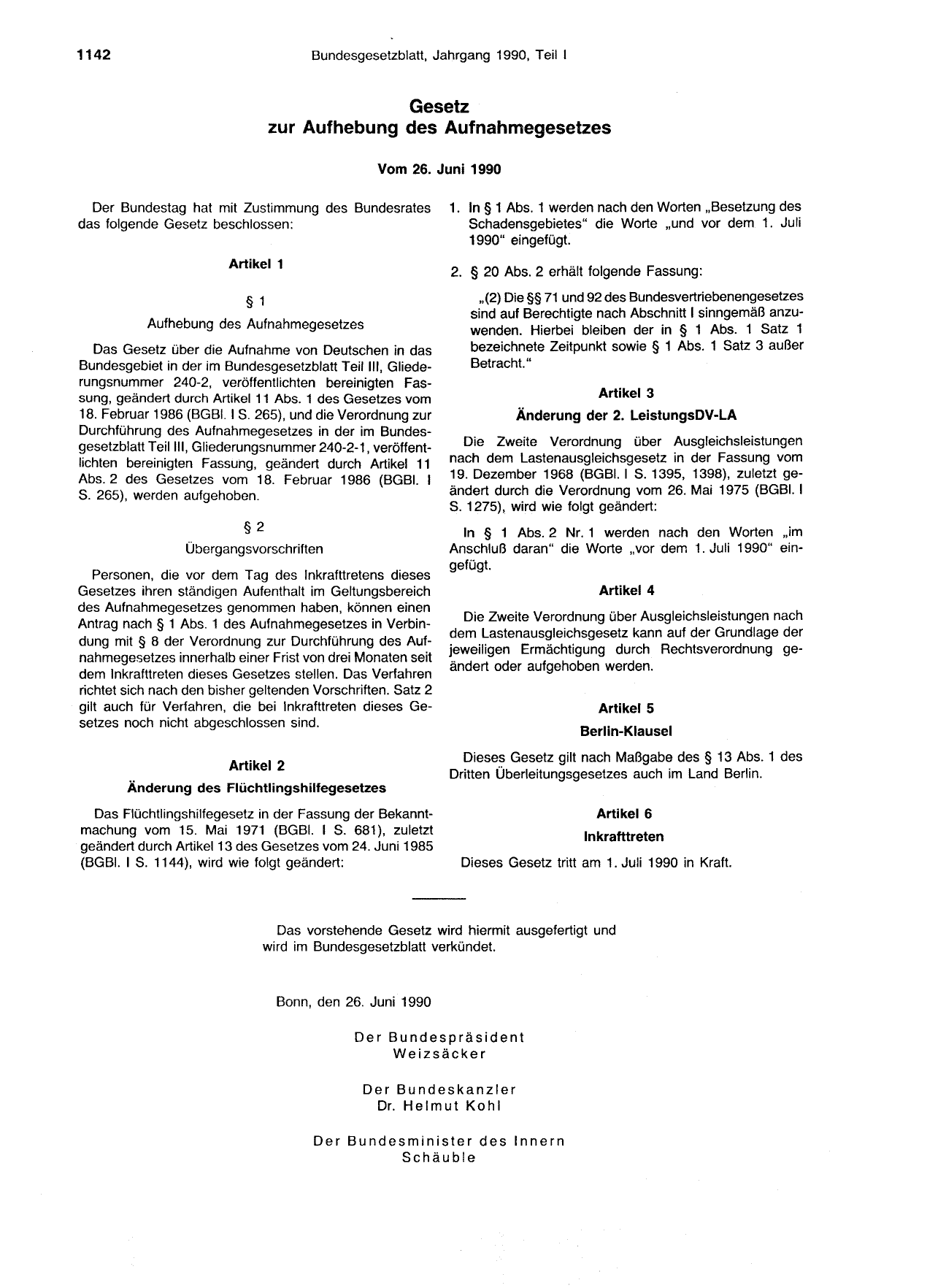 BGBl. 1990, Seite 1142 — Originalseite als Abbildung