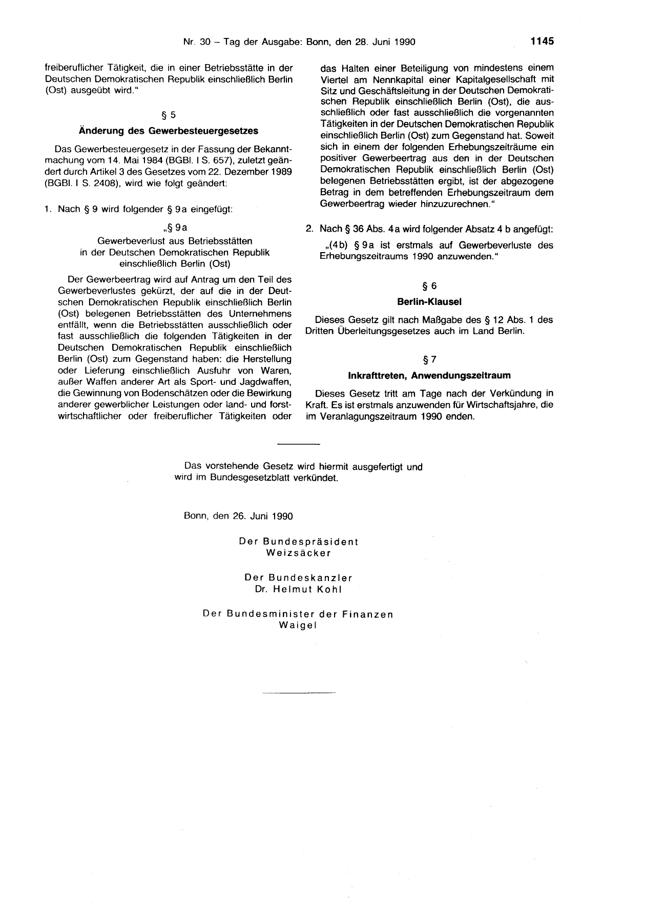 BGBl. 1990, Seite 1145 — Originalseite als Abbildung