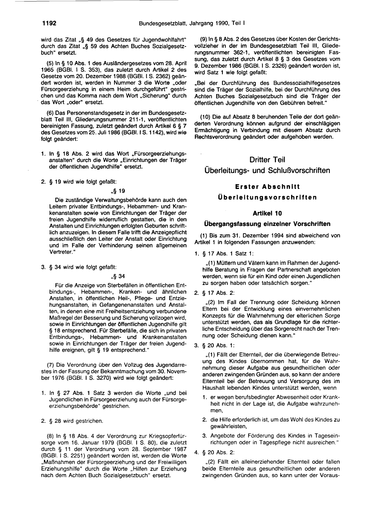BGBl. 1990, Seite 1192 — Originalseite als Abbildung