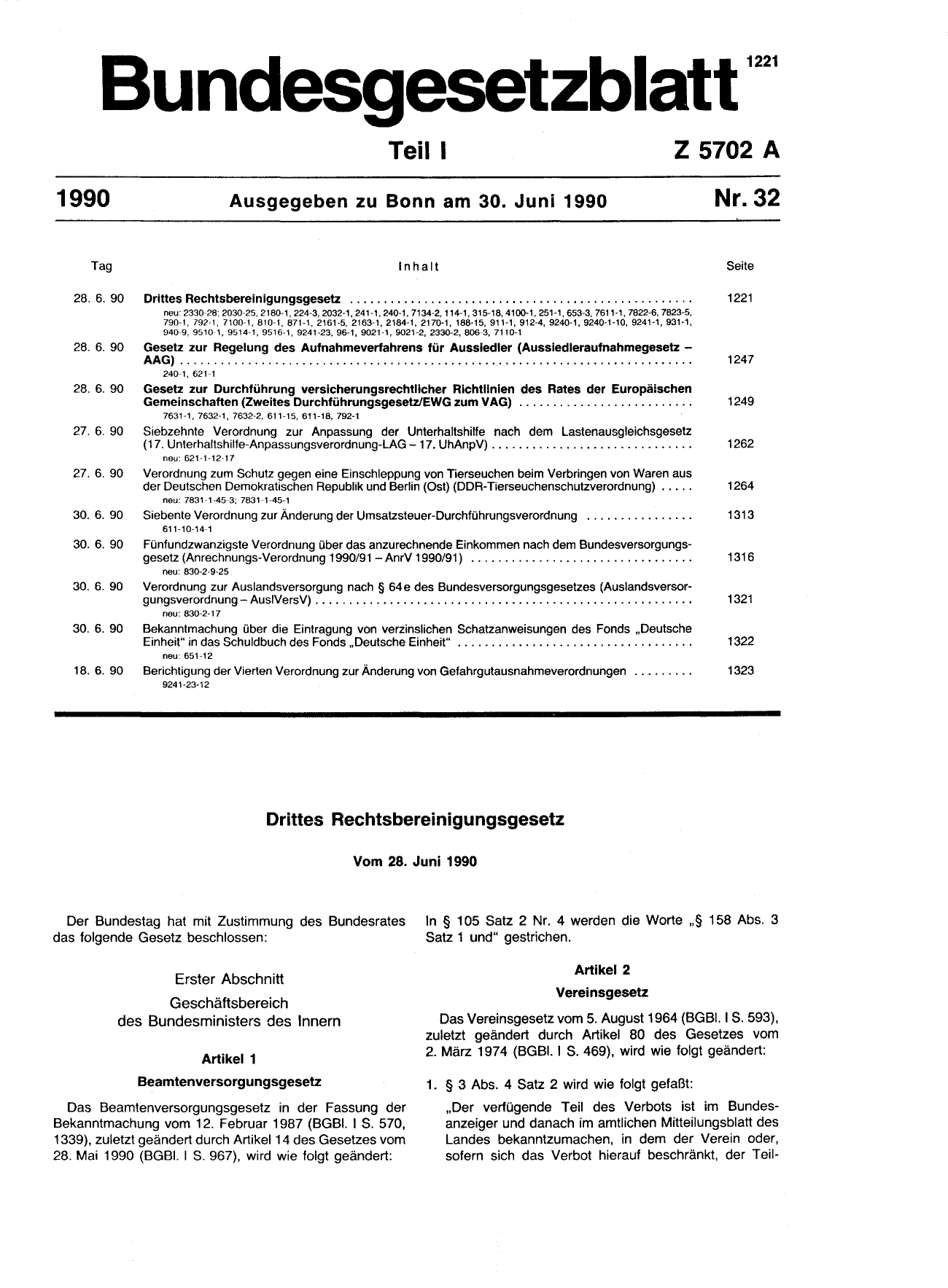 BGBl. 1990, Seite 1221 — Originalseite als Abbildung