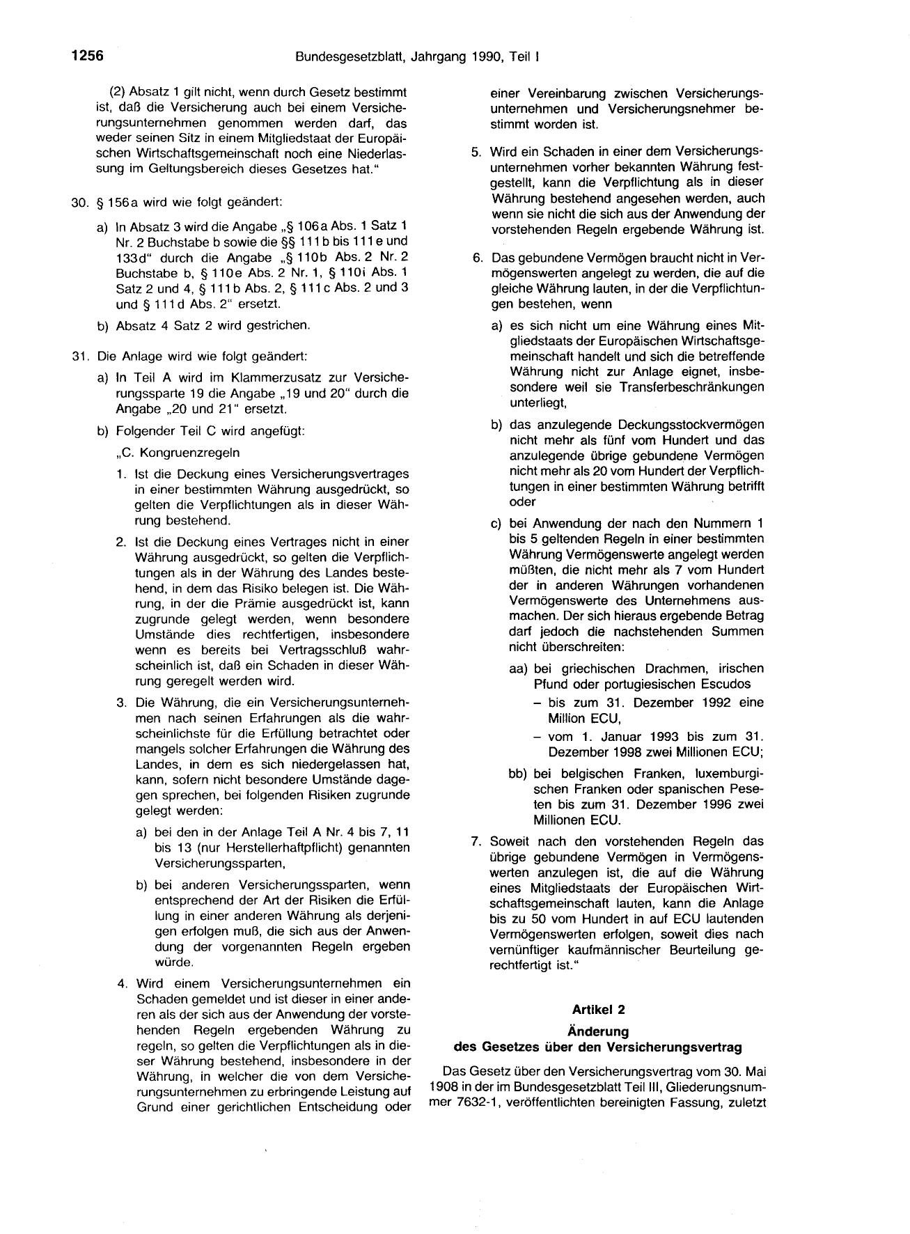 BGBl. 1990, Seite 1256 — Originalseite als Abbildung