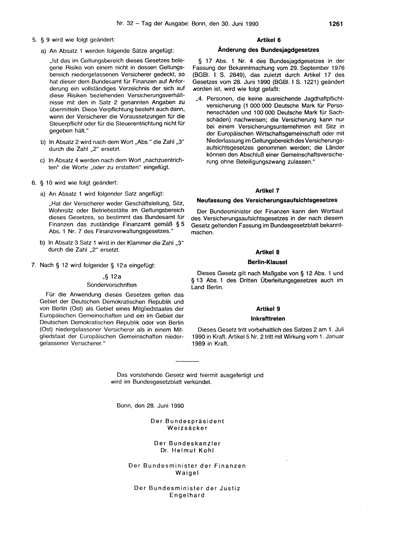 BGBl. 1990, Seite 1261 — Originalseite als Abbildung