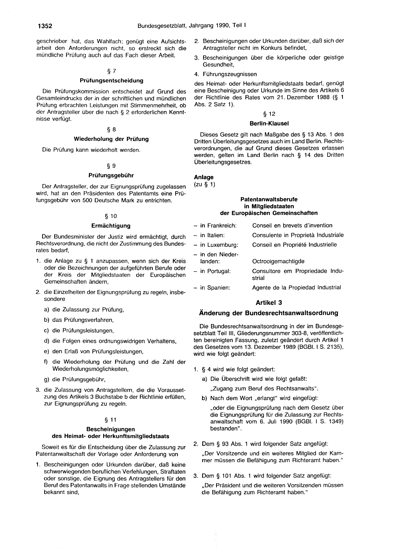 BGBl. 1990, Seite 1352 — Originalseite als Abbildung