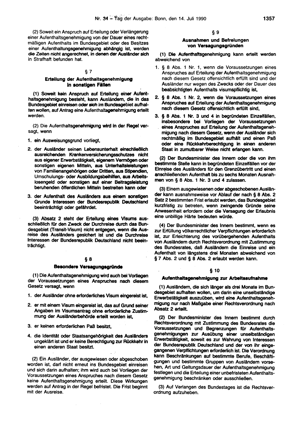 BGBl. 1990, Seite 1357 — Originalseite als Abbildung