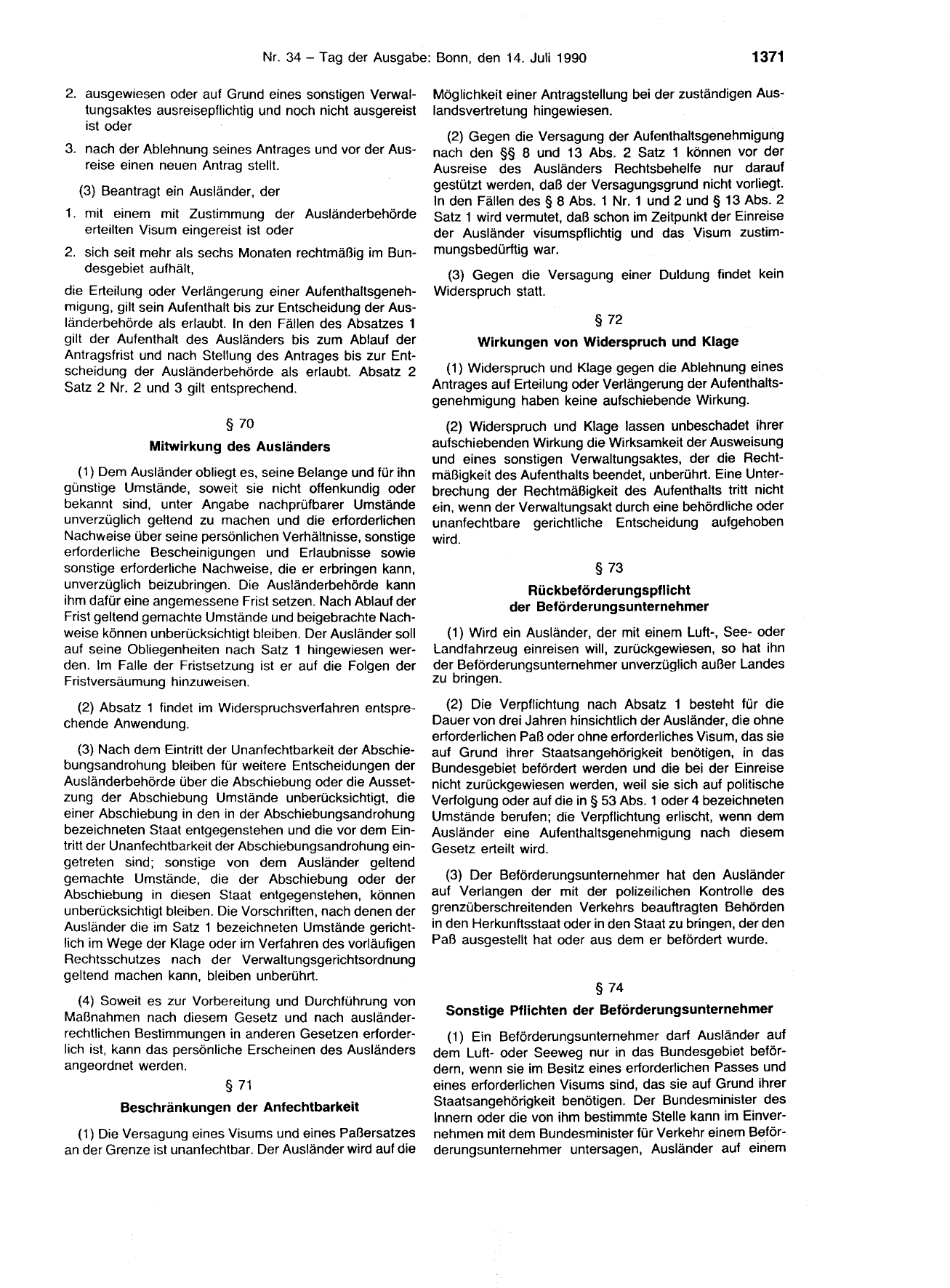 BGBl. 1990, Seite 1371 — Originalseite als Abbildung
