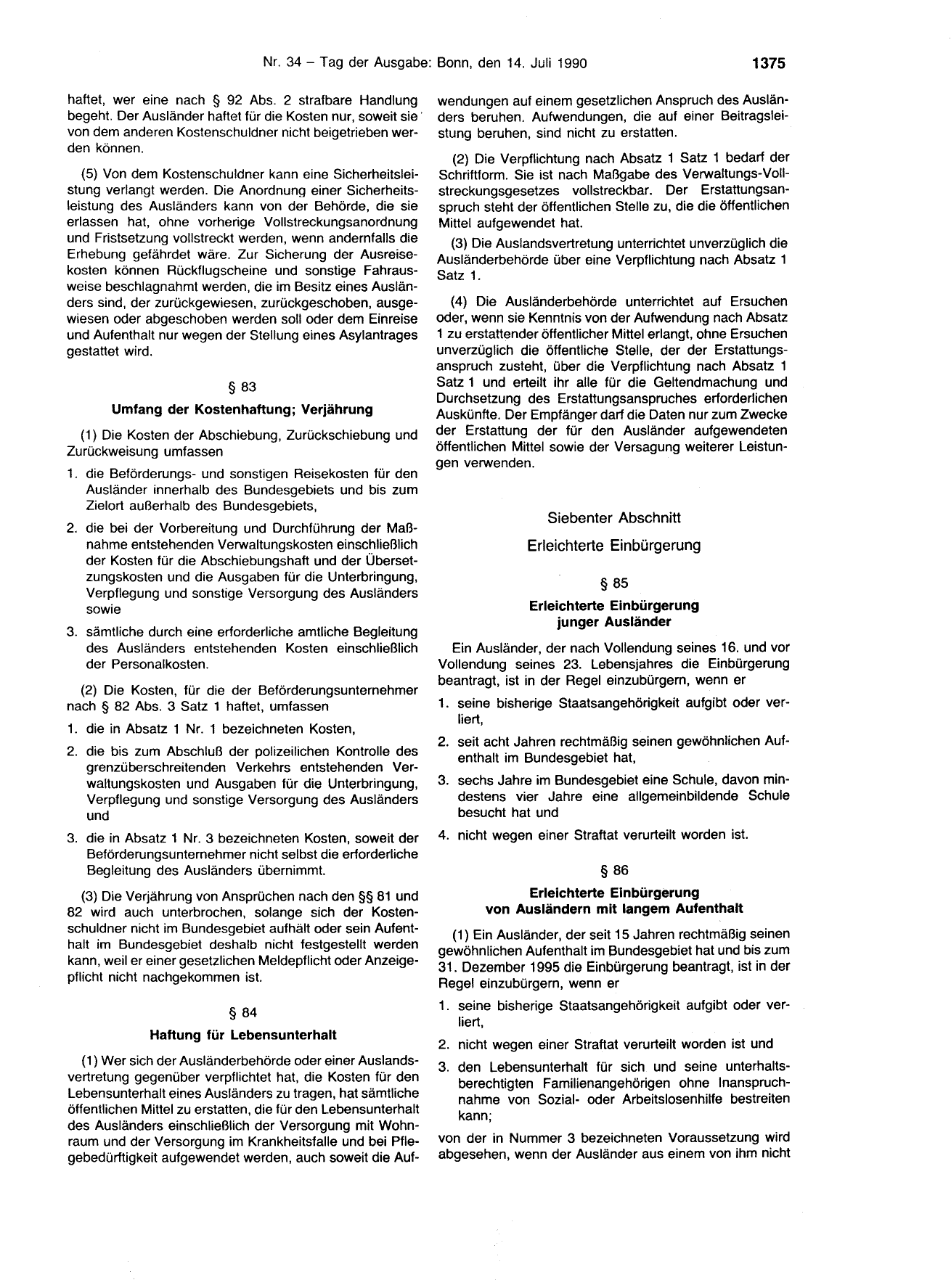 BGBl. 1990, Seite 1375 — Originalseite als Abbildung