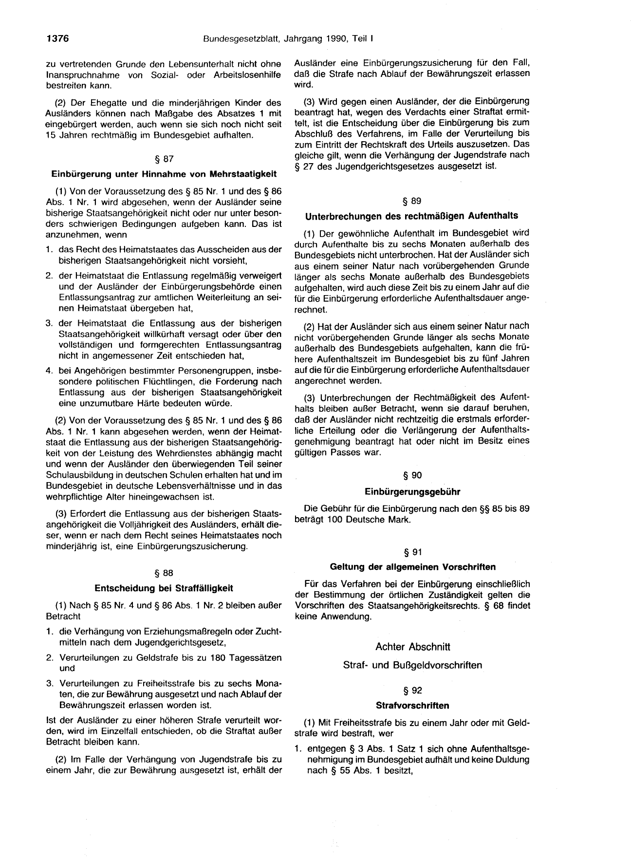 BGBl. 1990, Seite 1376 — Originalseite als Abbildung