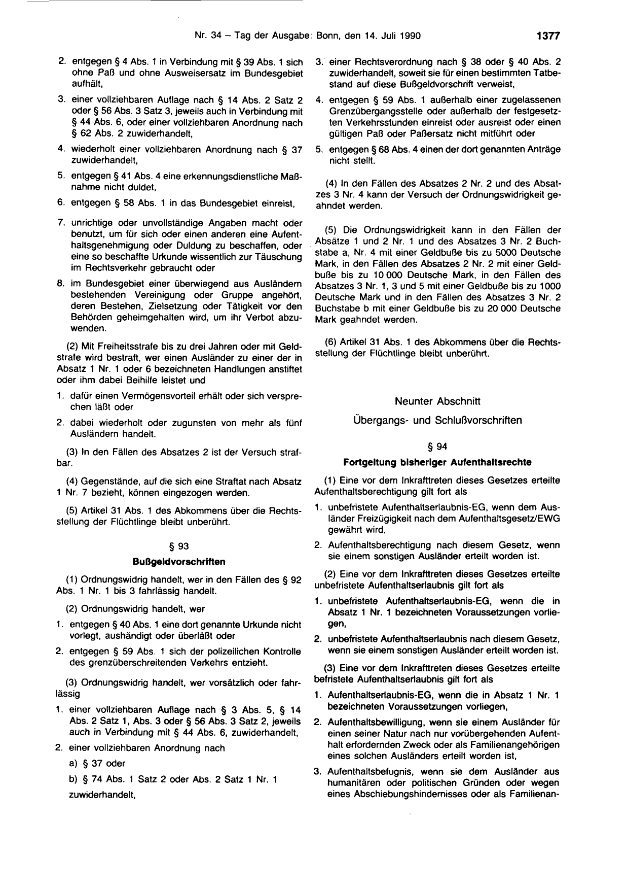 BGBl. 1990, Seite 1377 — Originalseite als Abbildung