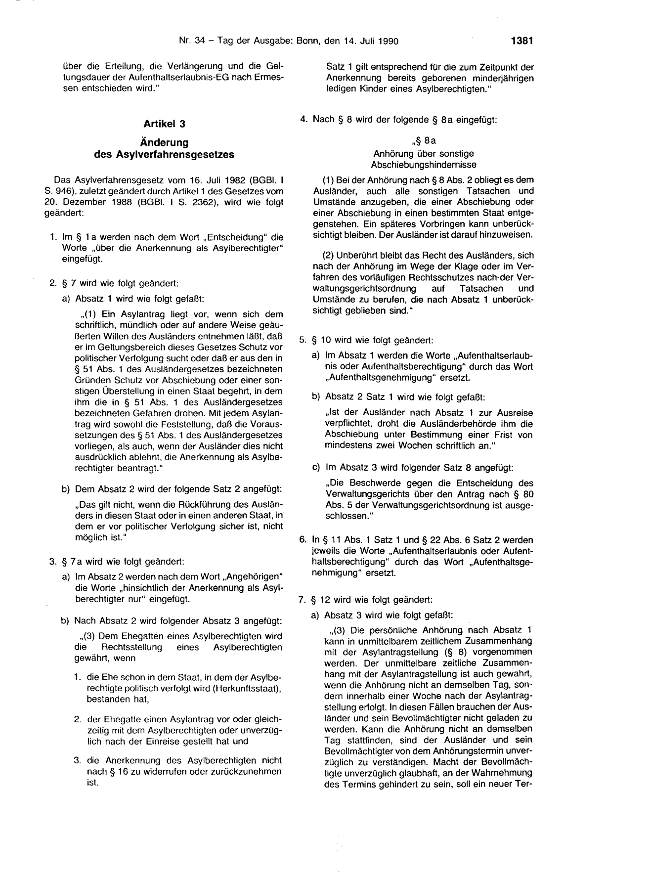 BGBl. 1990, Seite 1381 — Originalseite als Abbildung