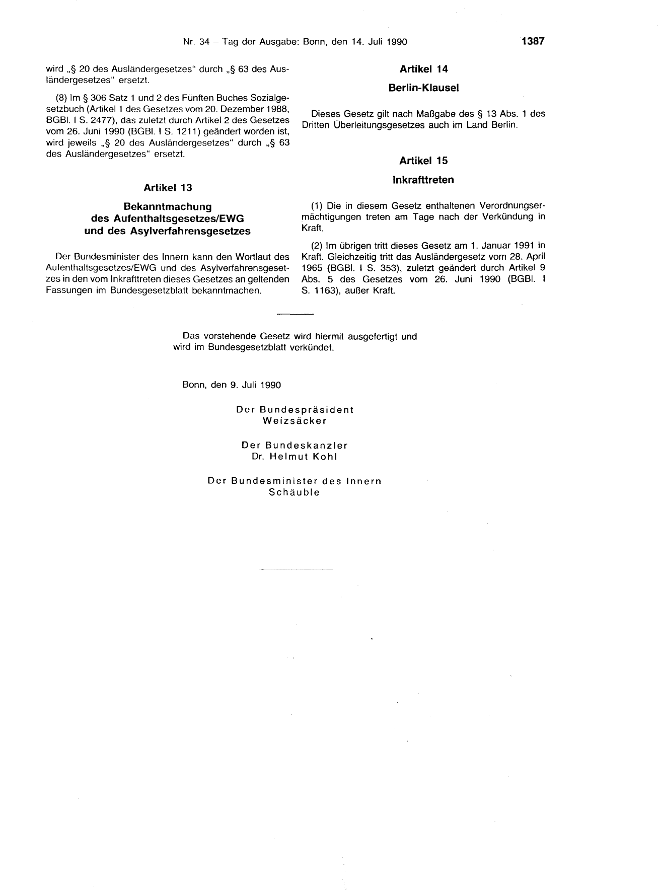 BGBl. 1990, Seite 1387 — Originalseite als Abbildung