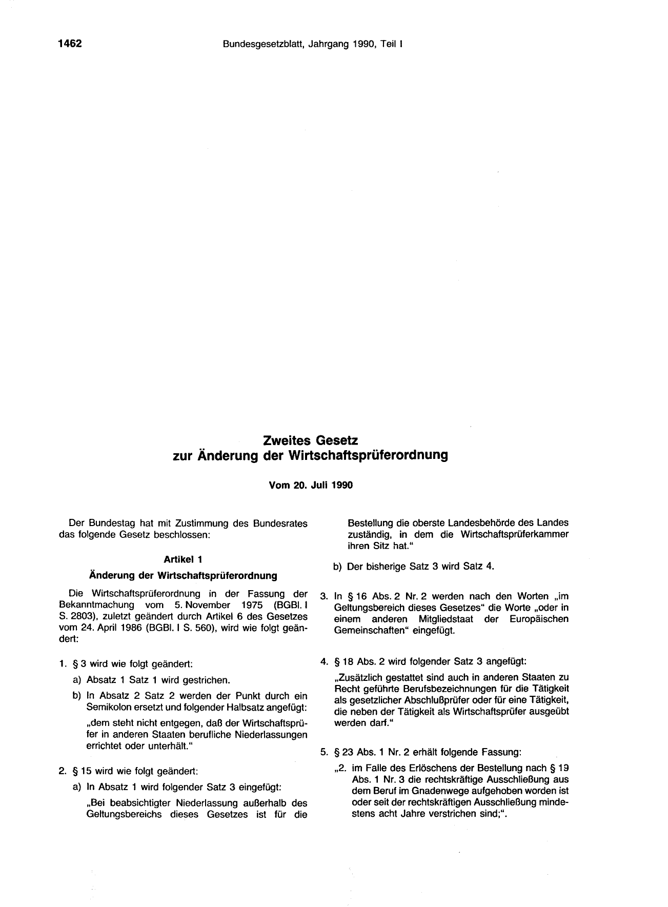 BGBl. 1990, Seite 1462 — Originalseite als Abbildung