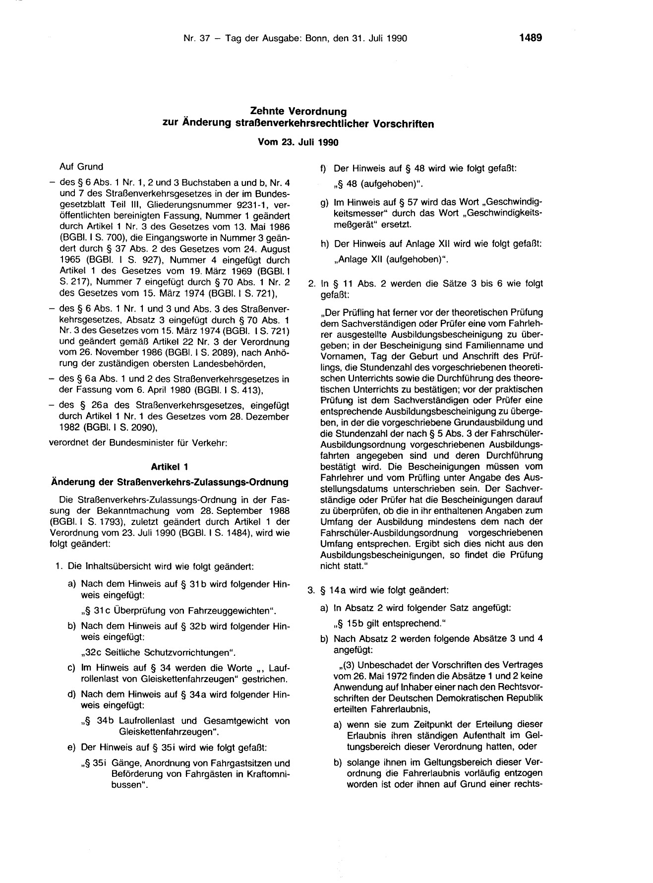 BGBl. 1990, Seite 1489 — Originalseite als Abbildung