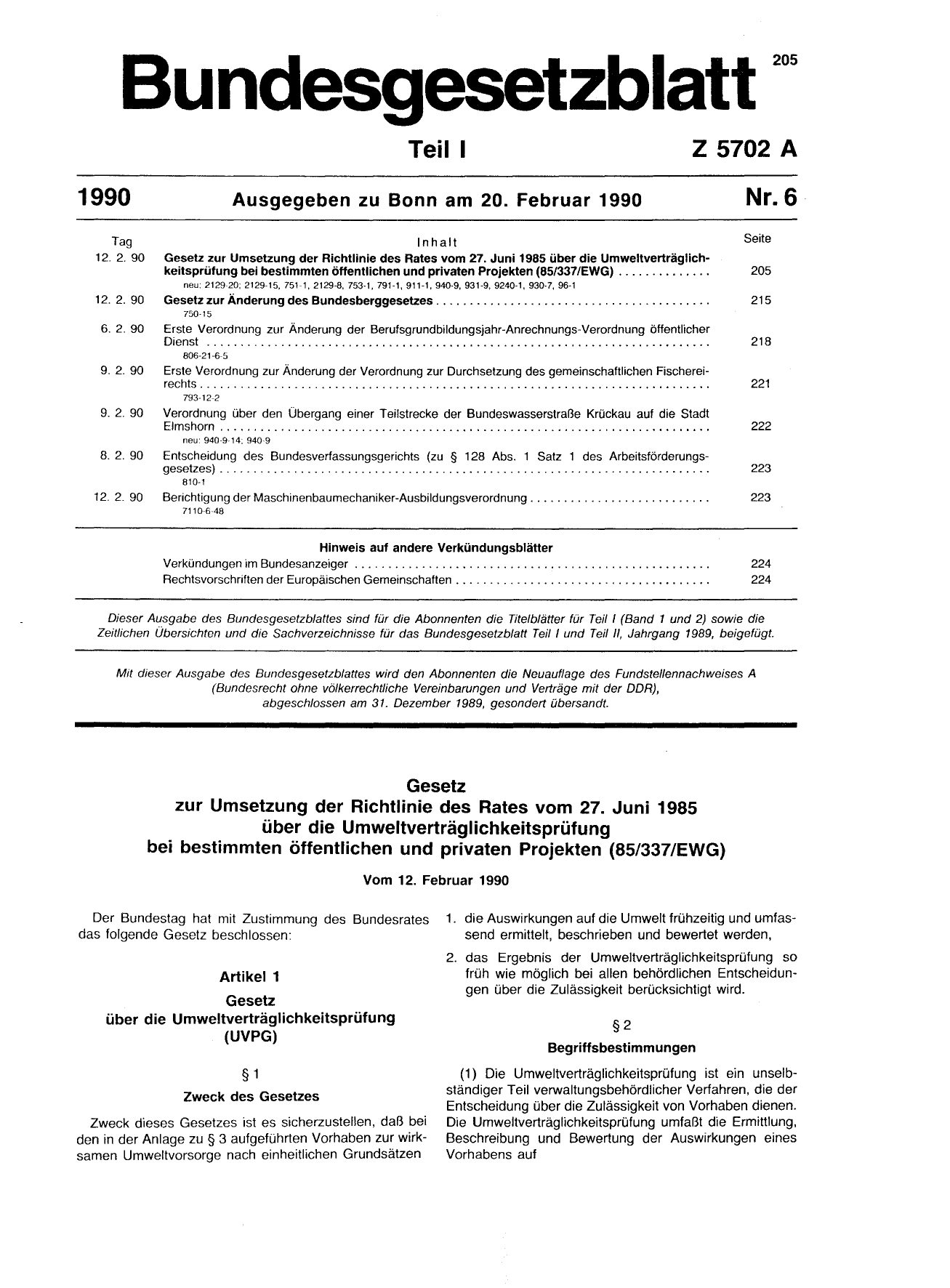 BGBl. 1990, Seite 205 — Originalseite als Abbildung