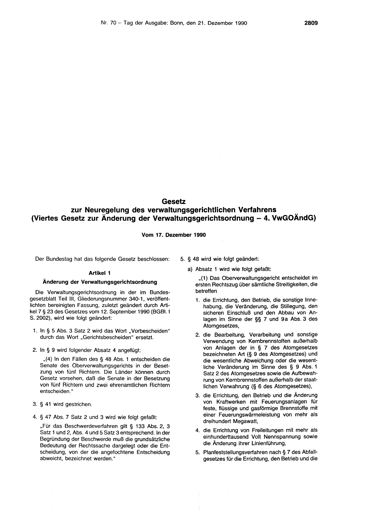 BGBl. 1990, Seite 2809 — Originalseite als Abbildung