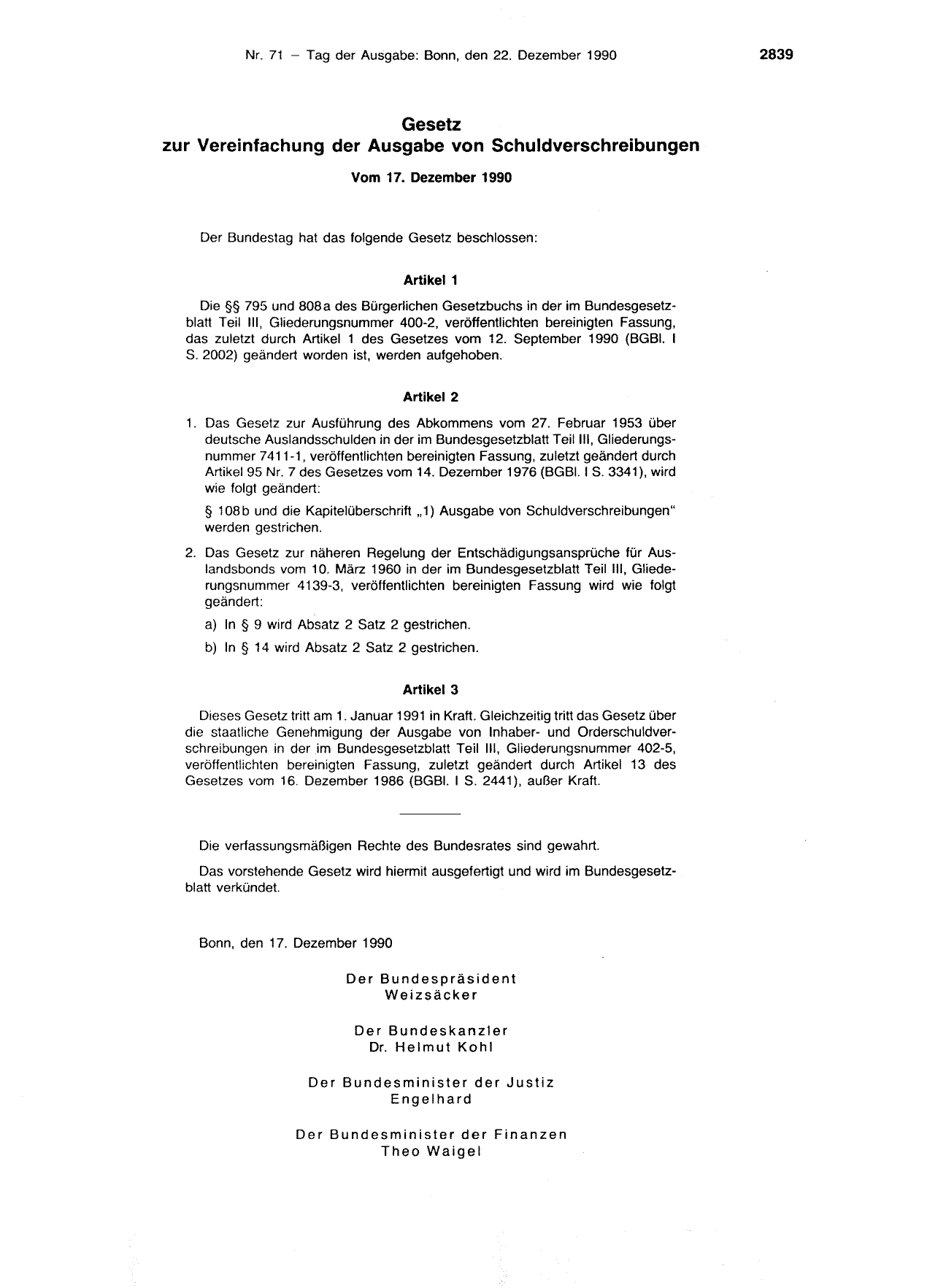 BGBl. 1990, Seite 2839 — Originalseite als Abbildung