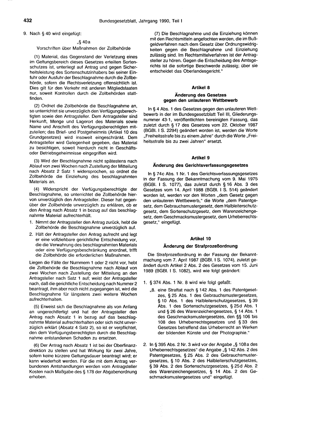 BGBl. 1990, Seite 432 — Originalseite als Abbildung