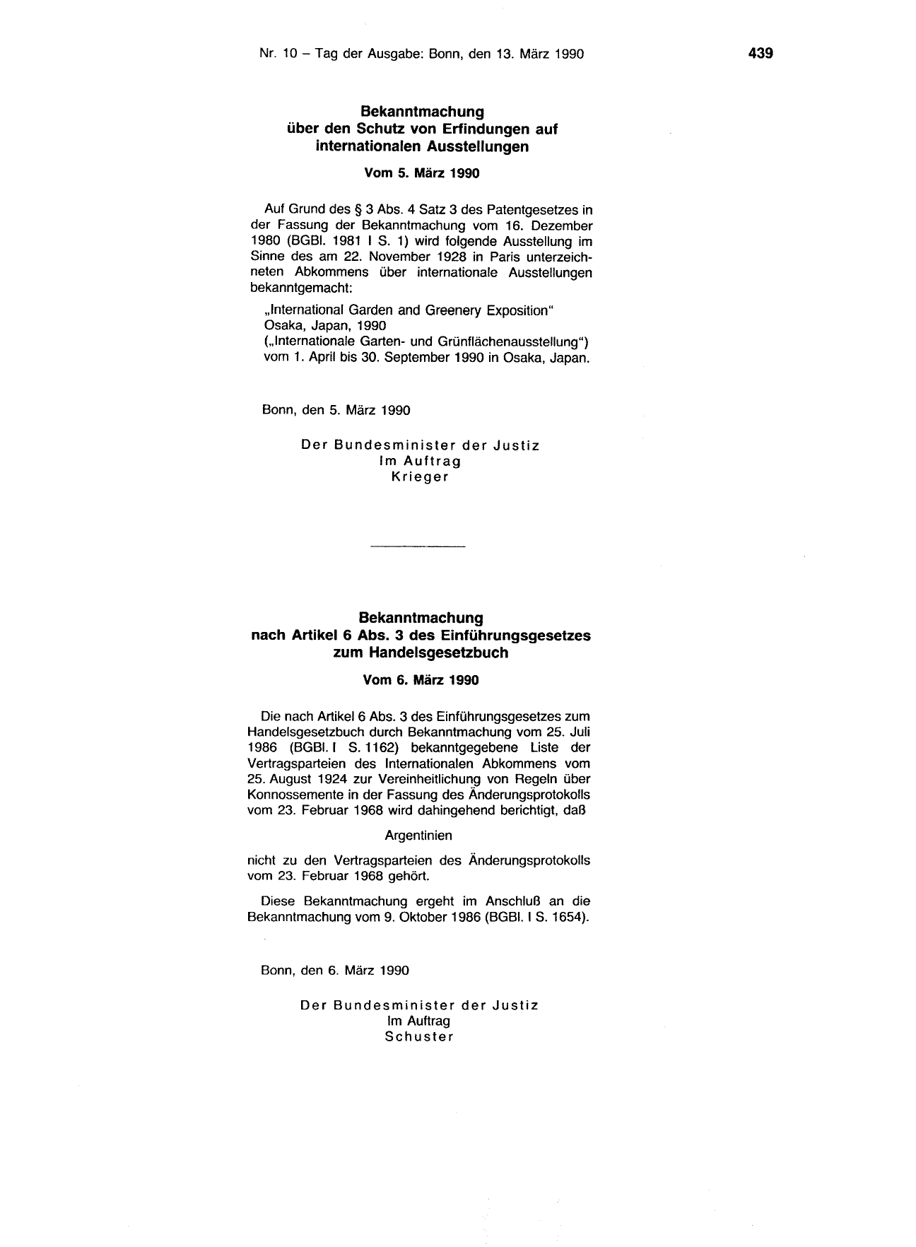 BGBl. 1990, Seite 439 — Originalseite als Abbildung