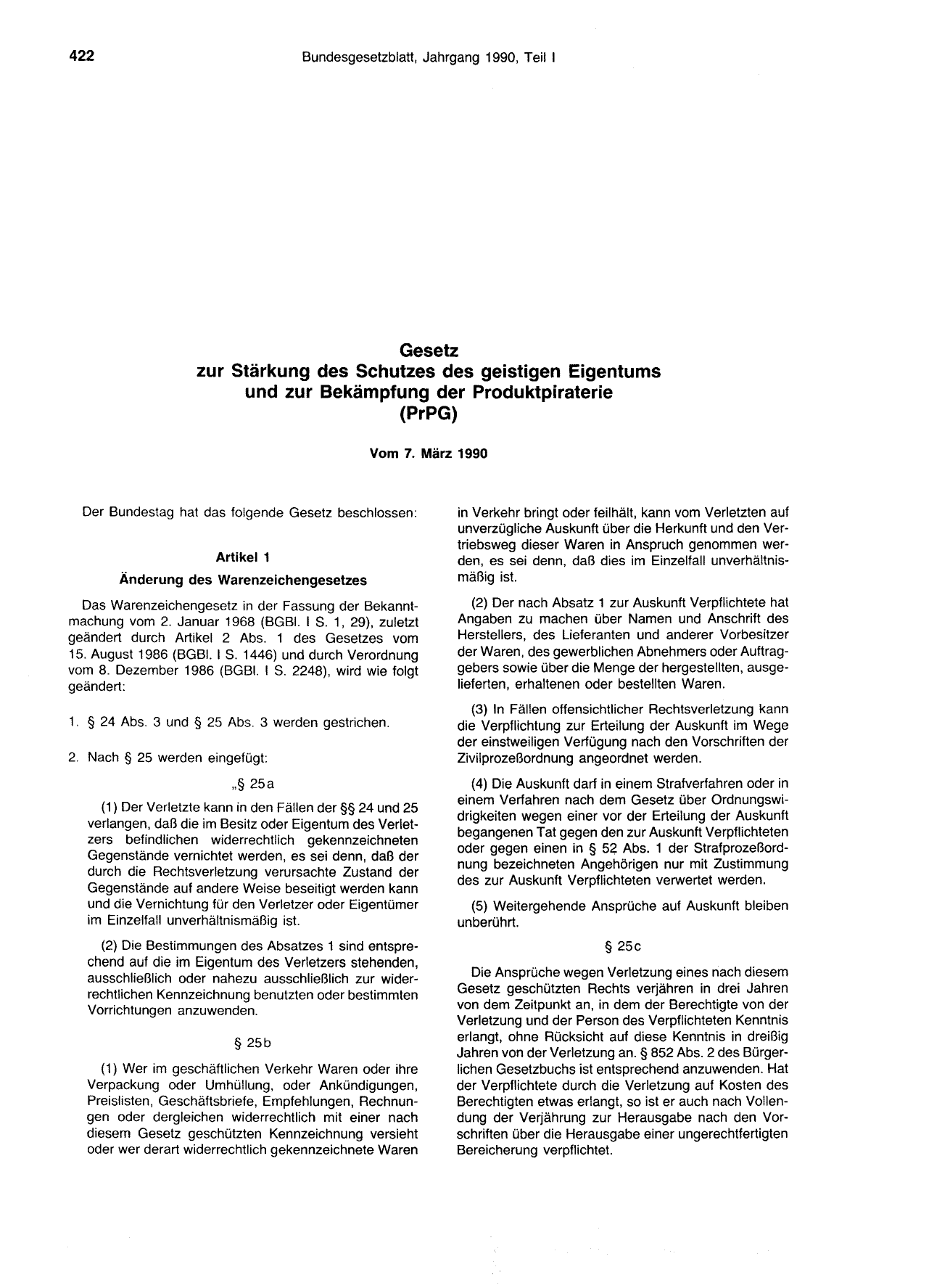BGBl. 1990, Seite 422 — Originalseite als Abbildung