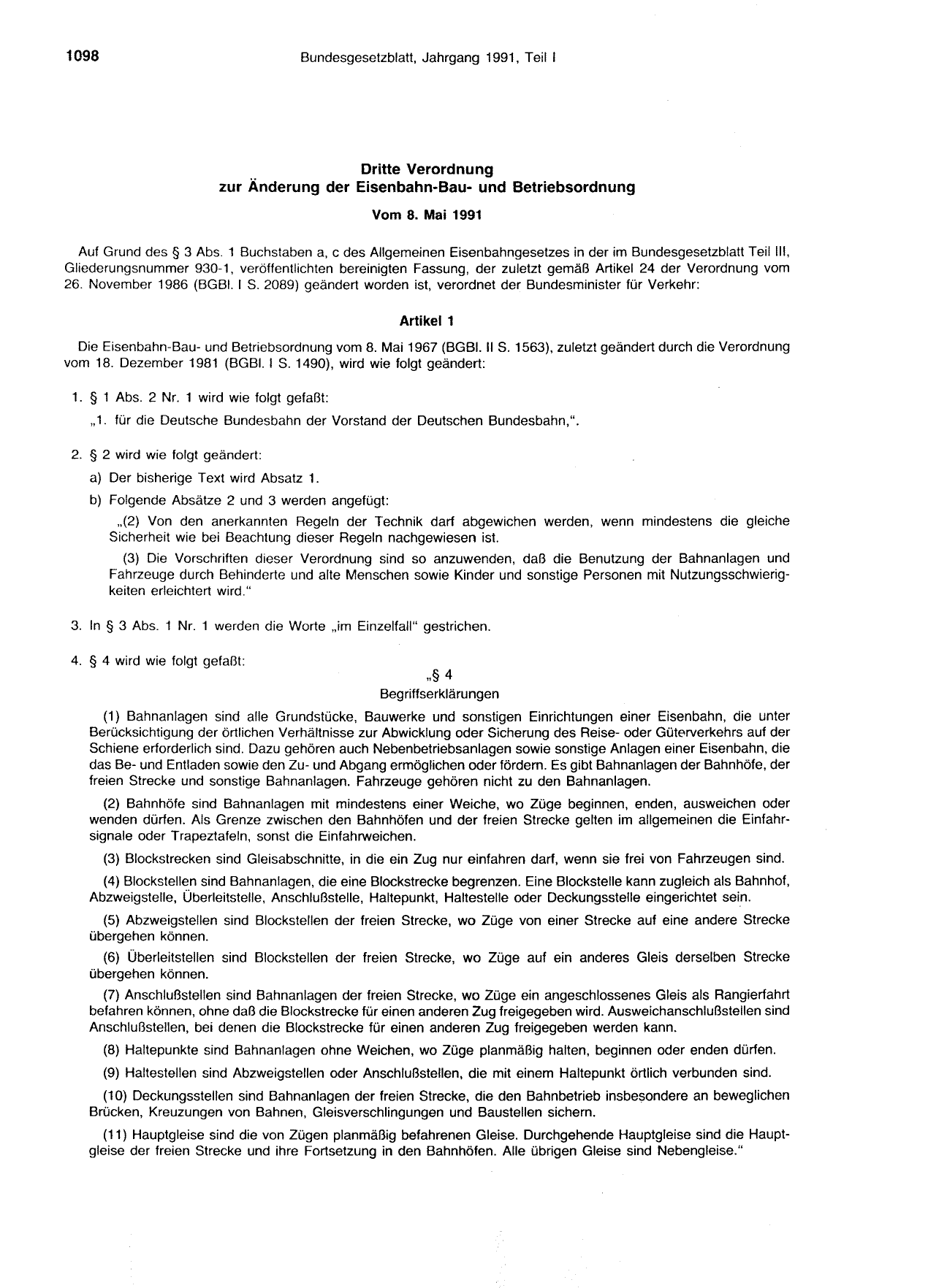 BGBl. 1991, Seite 1098 — Originalseite als Abbildung