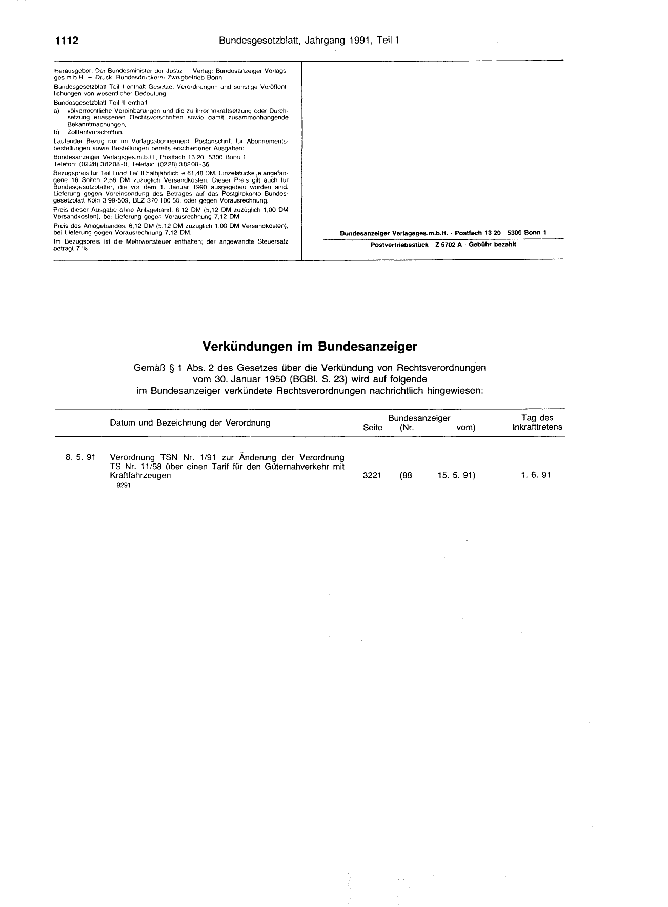 BGBl. 1991, Seite 1112 — Originalseite als Abbildung