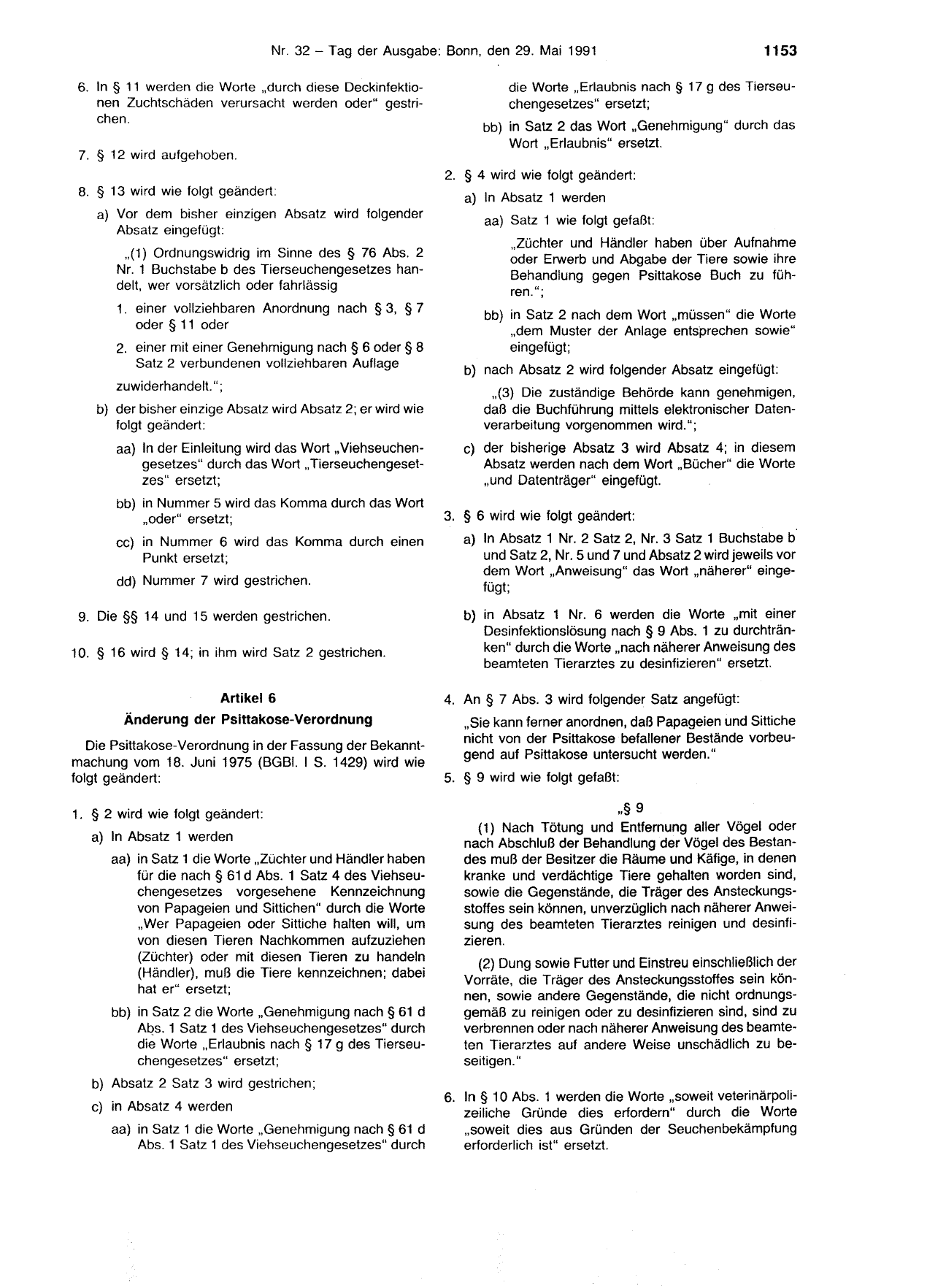 BGBl. 1991, Seite 1153 — Originalseite als Abbildung