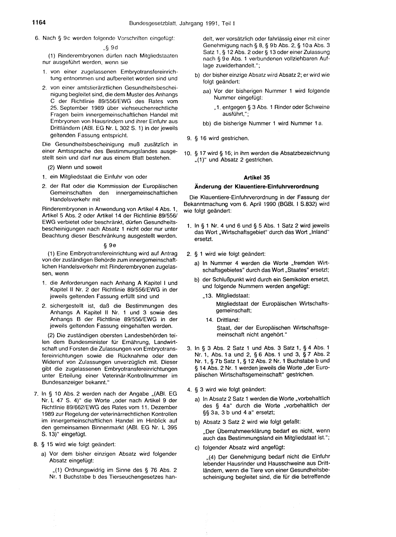 BGBl. 1991, Seite 1164 — Originalseite als Abbildung