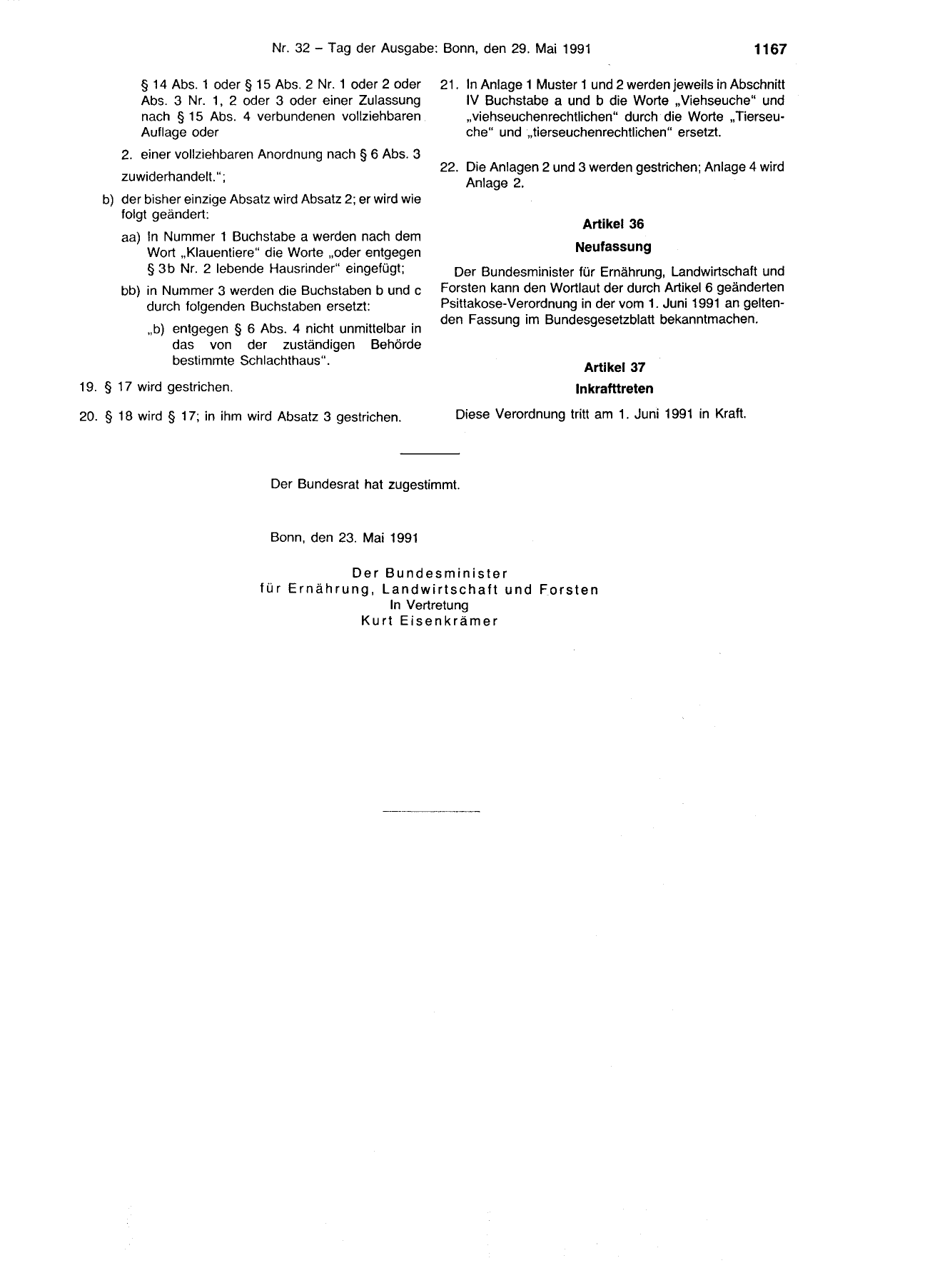 BGBl. 1991, Seite 1167 — Originalseite als Abbildung