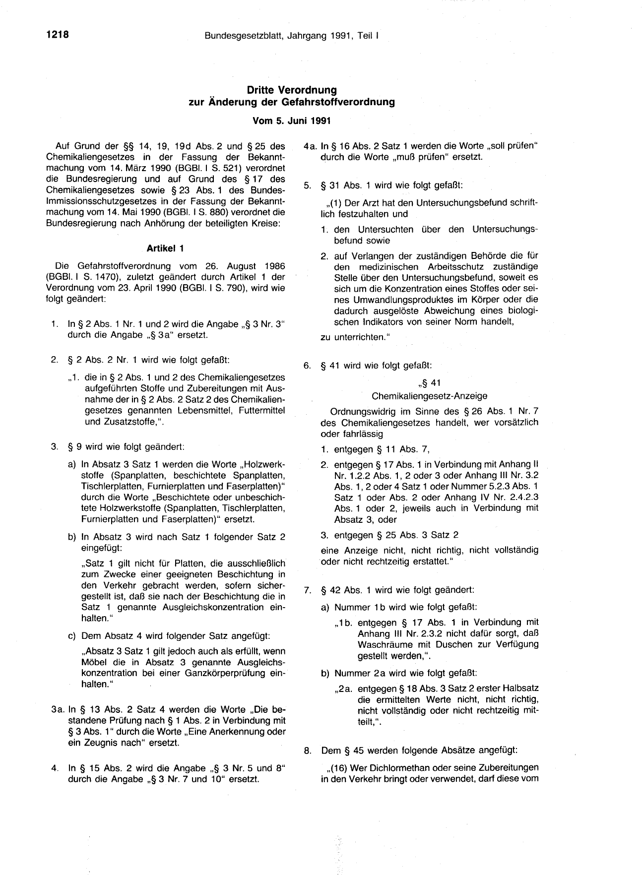BGBl. 1991, Seite 1218 — Originalseite als Abbildung