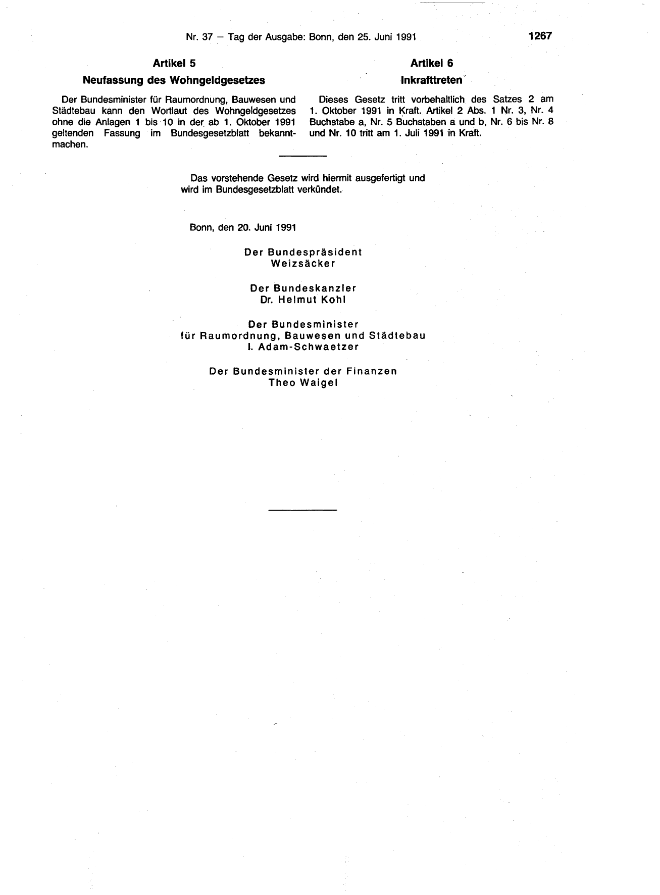 BGBl. 1991, Seite 1267 — Originalseite als Abbildung