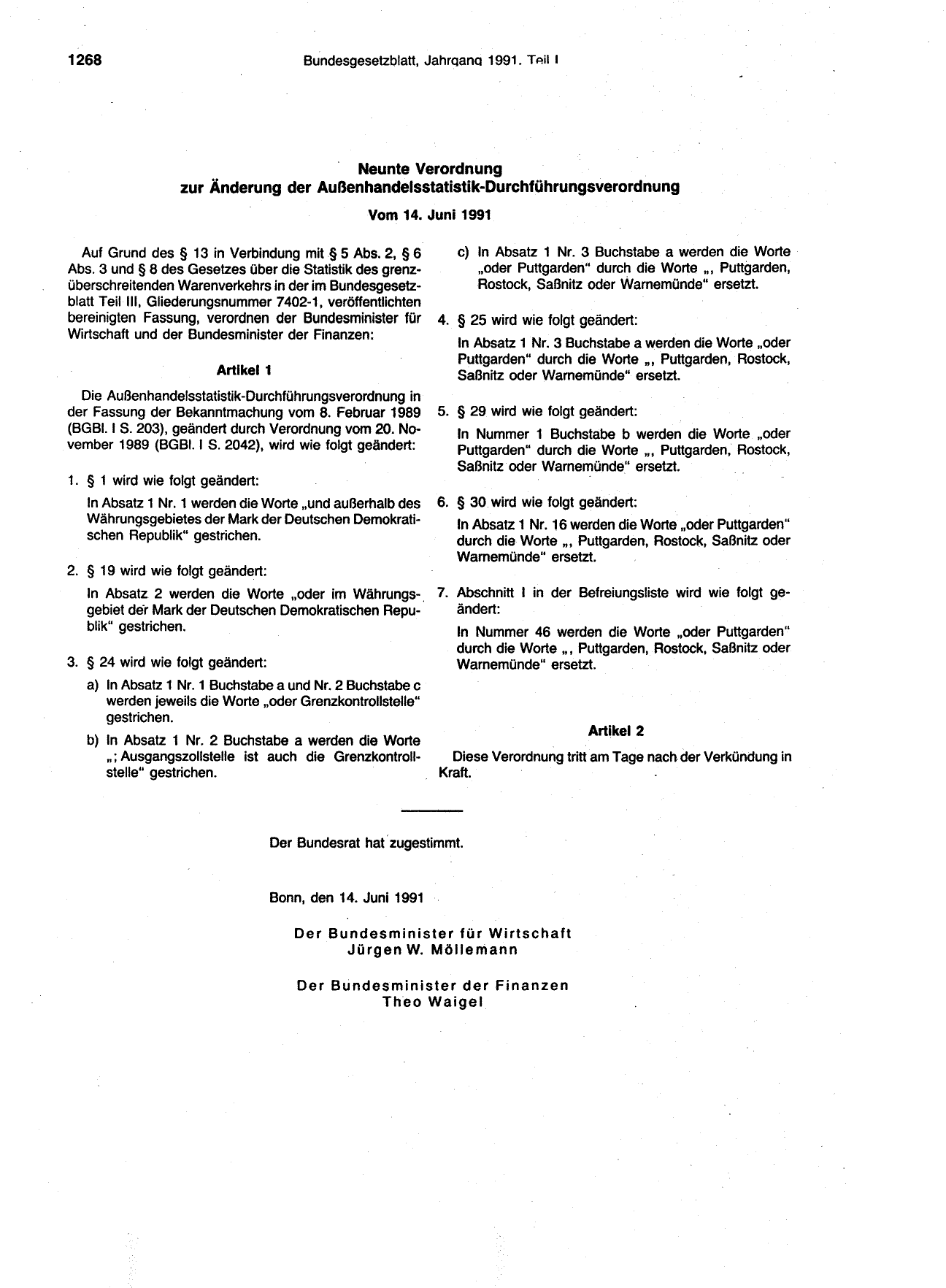 BGBl. 1991, Seite 1268 — Originalseite als Abbildung