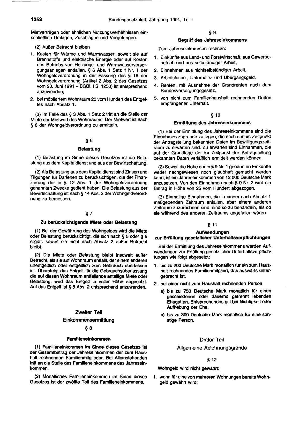 BGBl. 1991, Seite 1252 — Originalseite als Abbildung