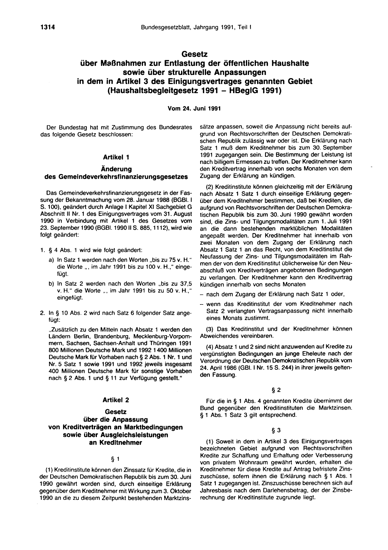 BGBl. 1991, Seite 1314 — Originalseite als Abbildung