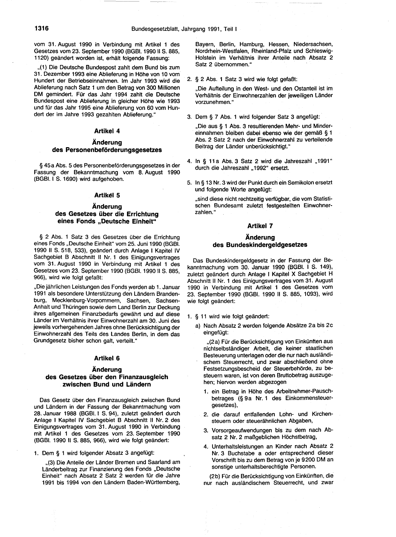 BGBl. 1991, Seite 1316 — Originalseite als Abbildung