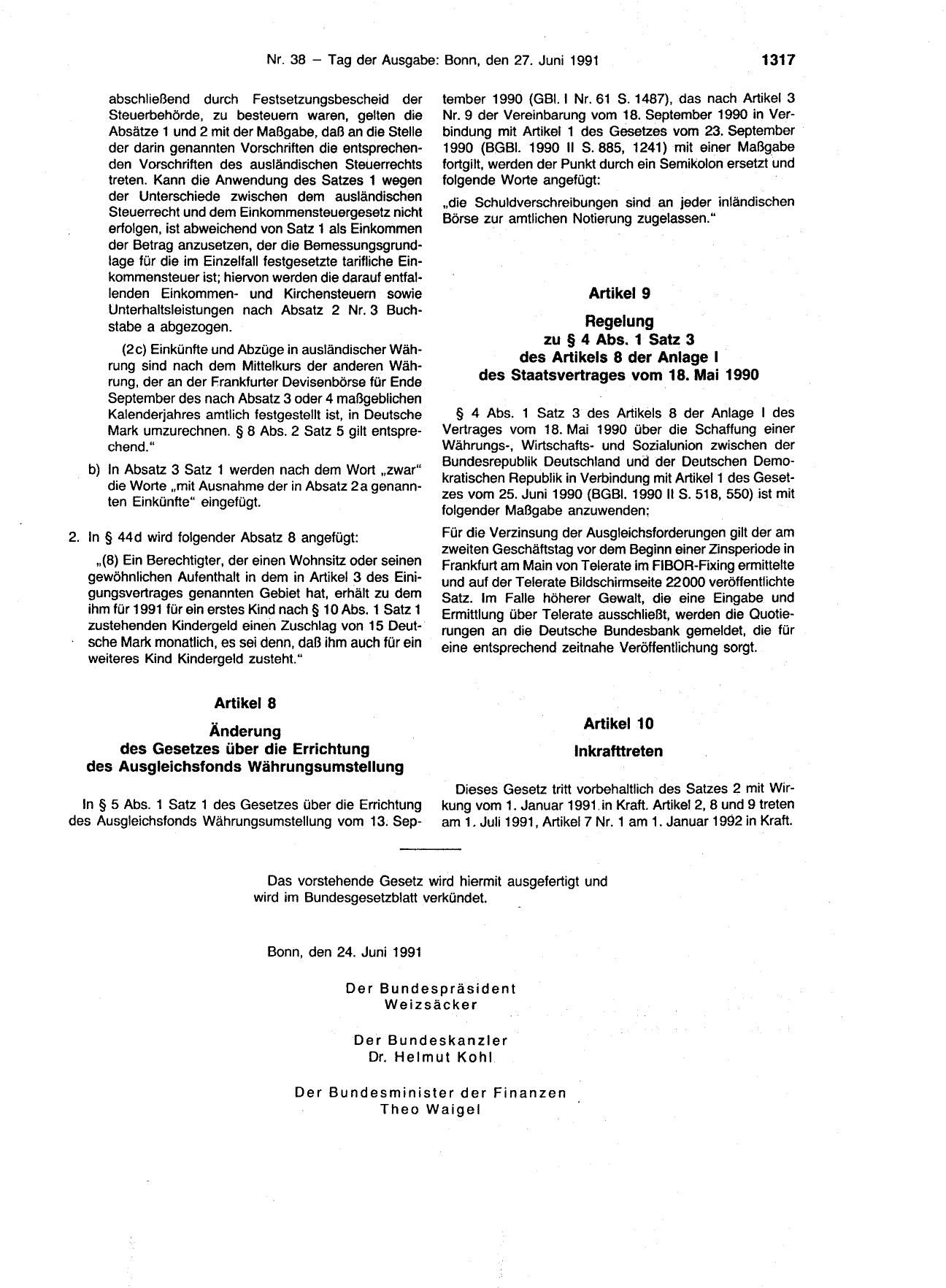 BGBl. 1991, Seite 1317 — Originalseite als Abbildung