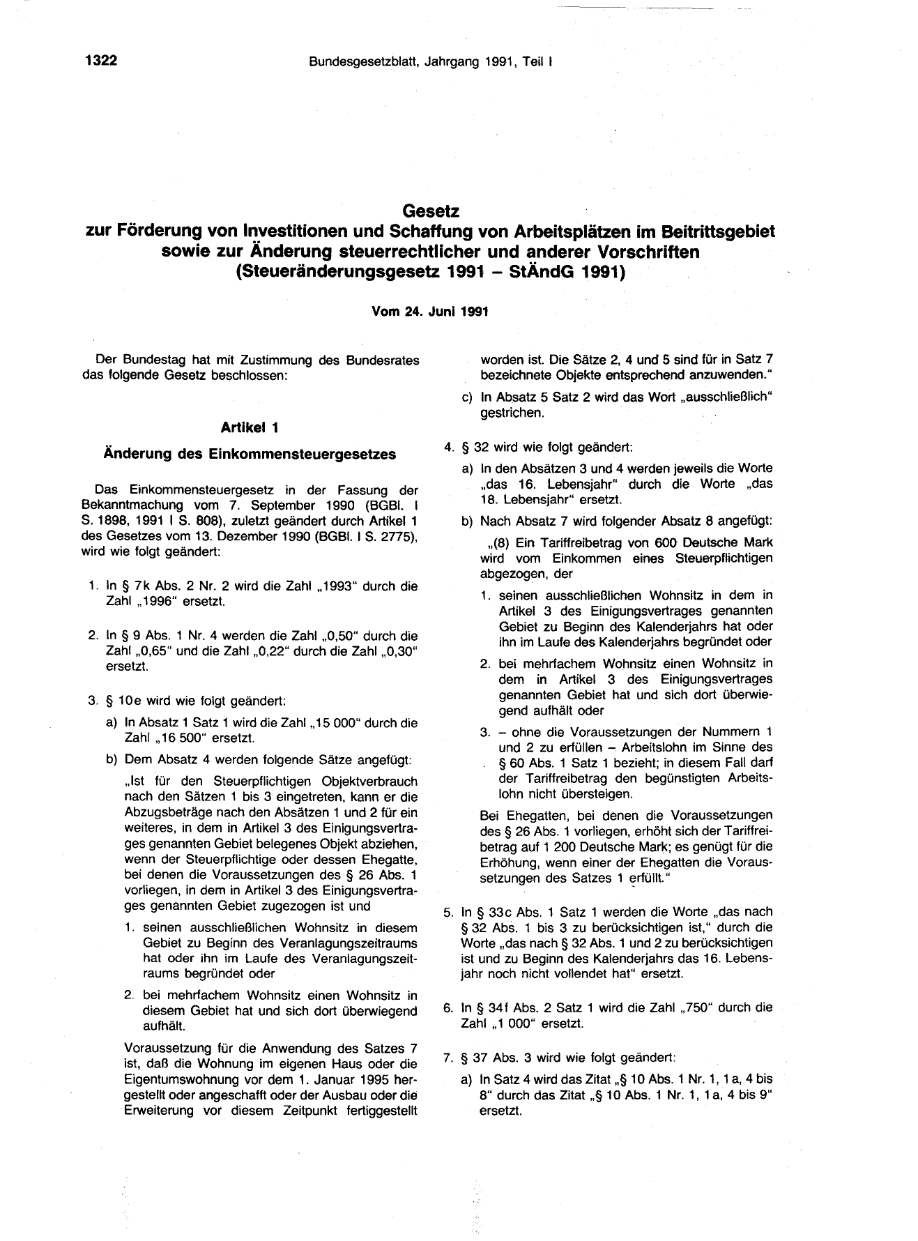 BGBl. 1991, Seite 1322 — Originalseite als Abbildung