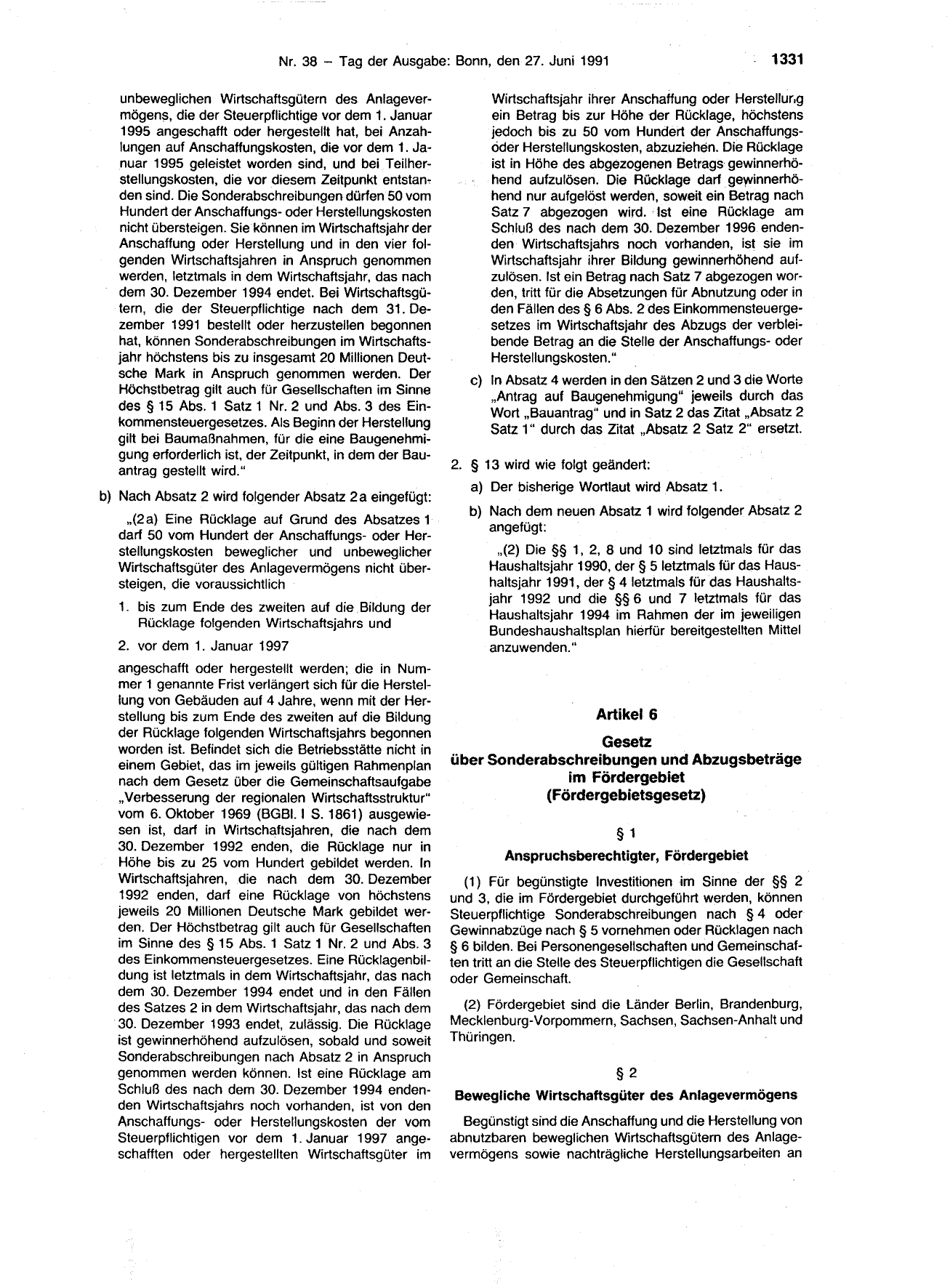 BGBl. 1991, Seite 1331 — Originalseite als Abbildung