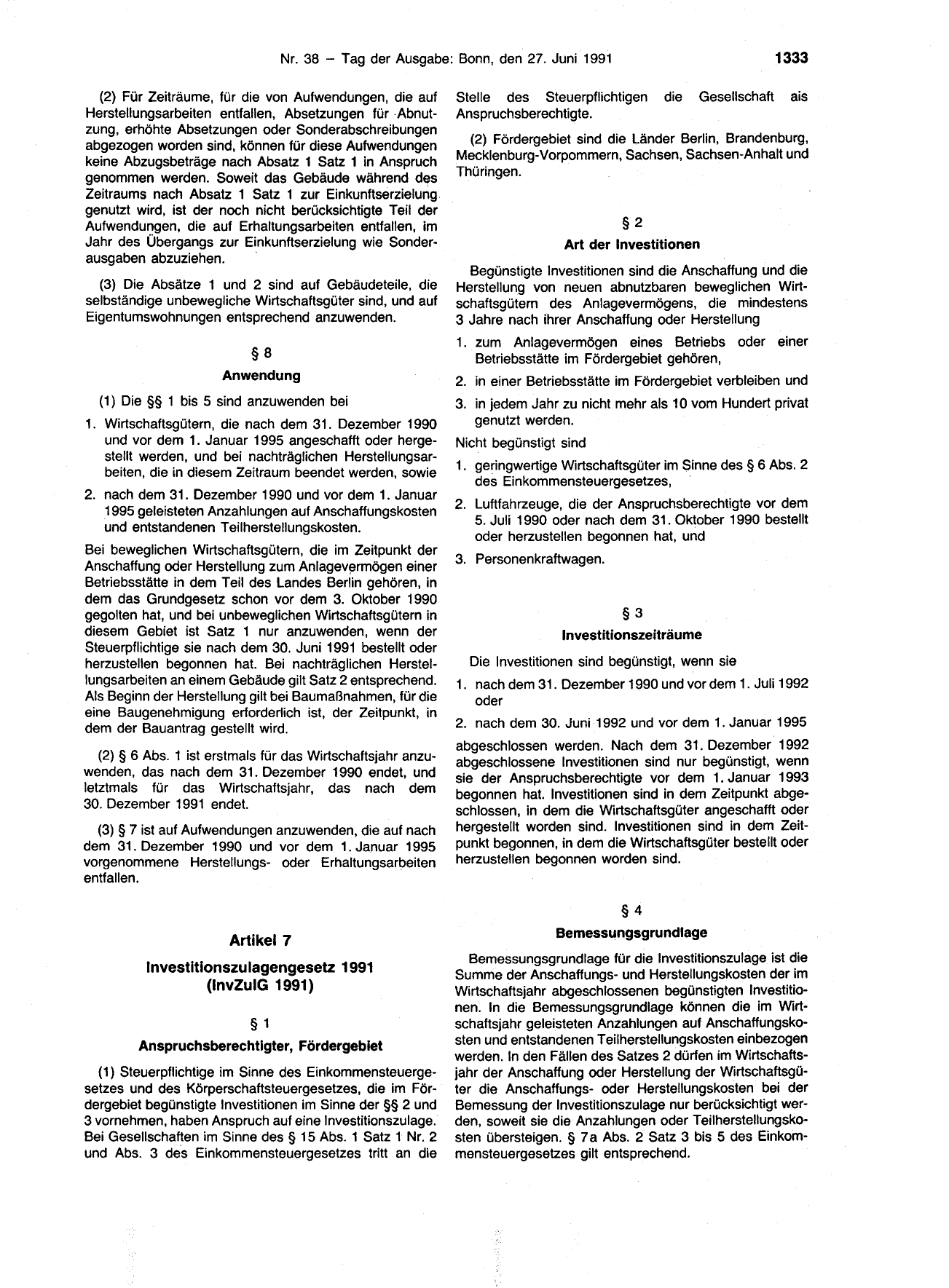 BGBl. 1991, Seite 1333 — Originalseite als Abbildung