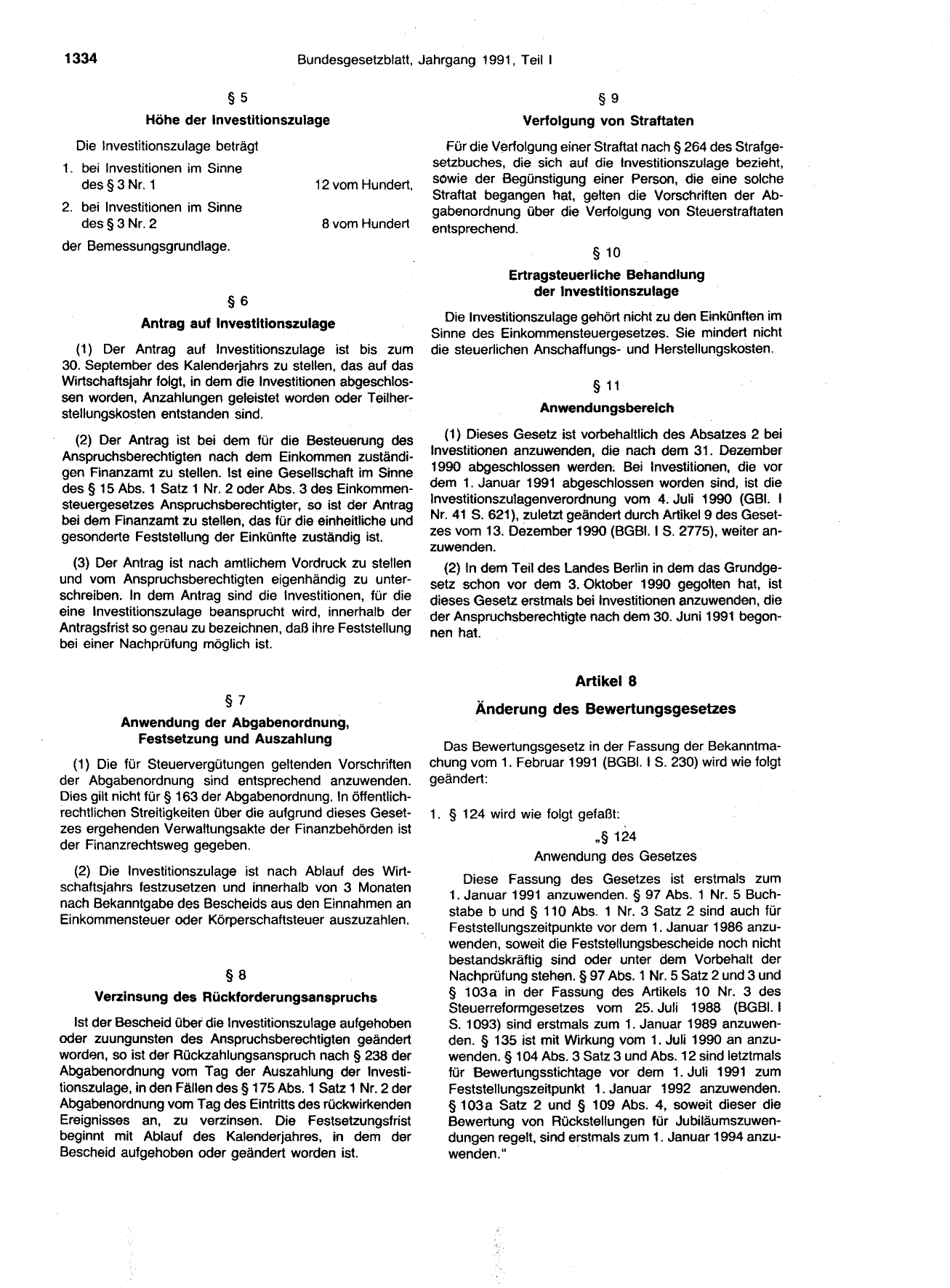 BGBl. 1991, Seite 1334 — Originalseite als Abbildung