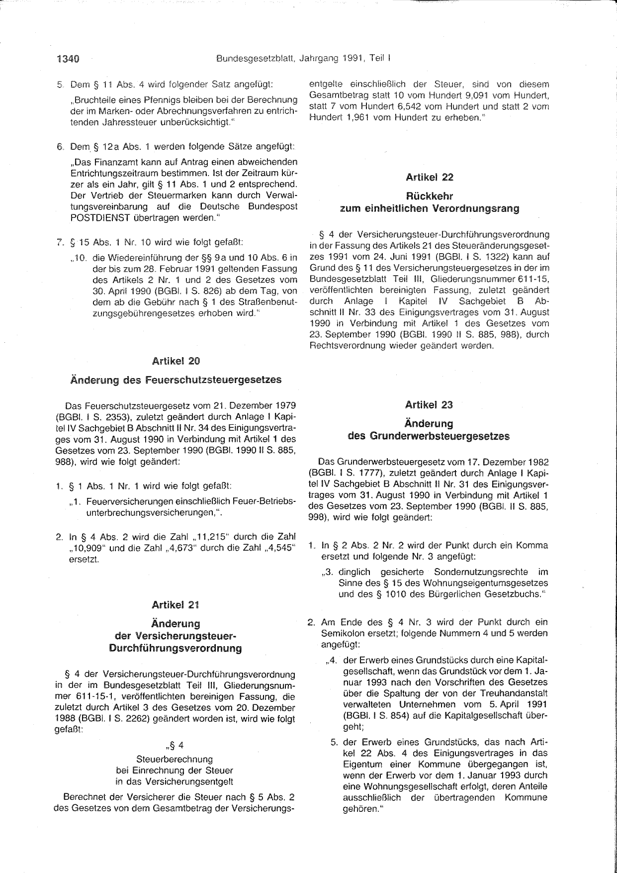 BGBl. 1991, Seite 1340 — Originalseite als Abbildung