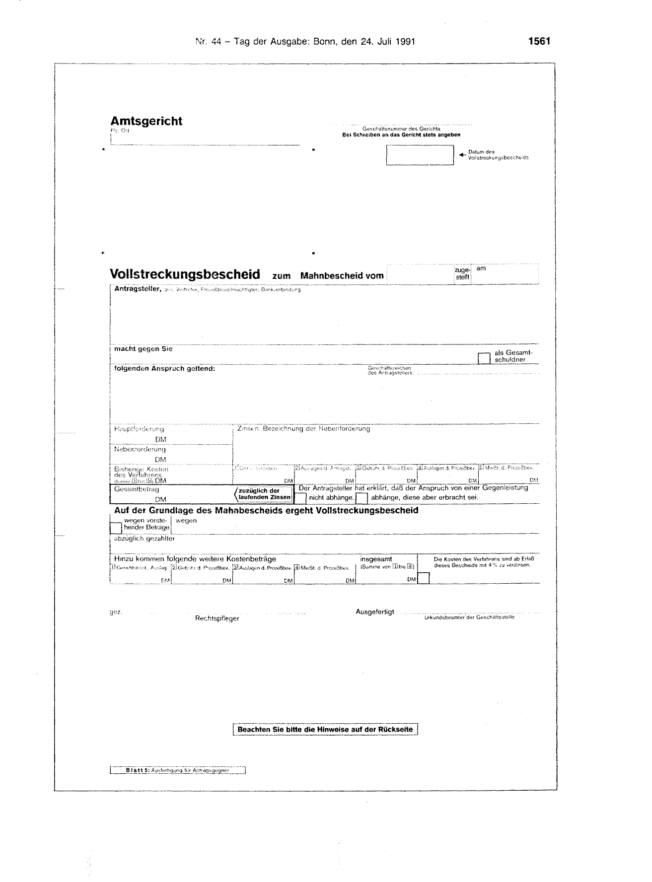BGBl. 1991, Seite 1561 — Originalseite als Abbildung