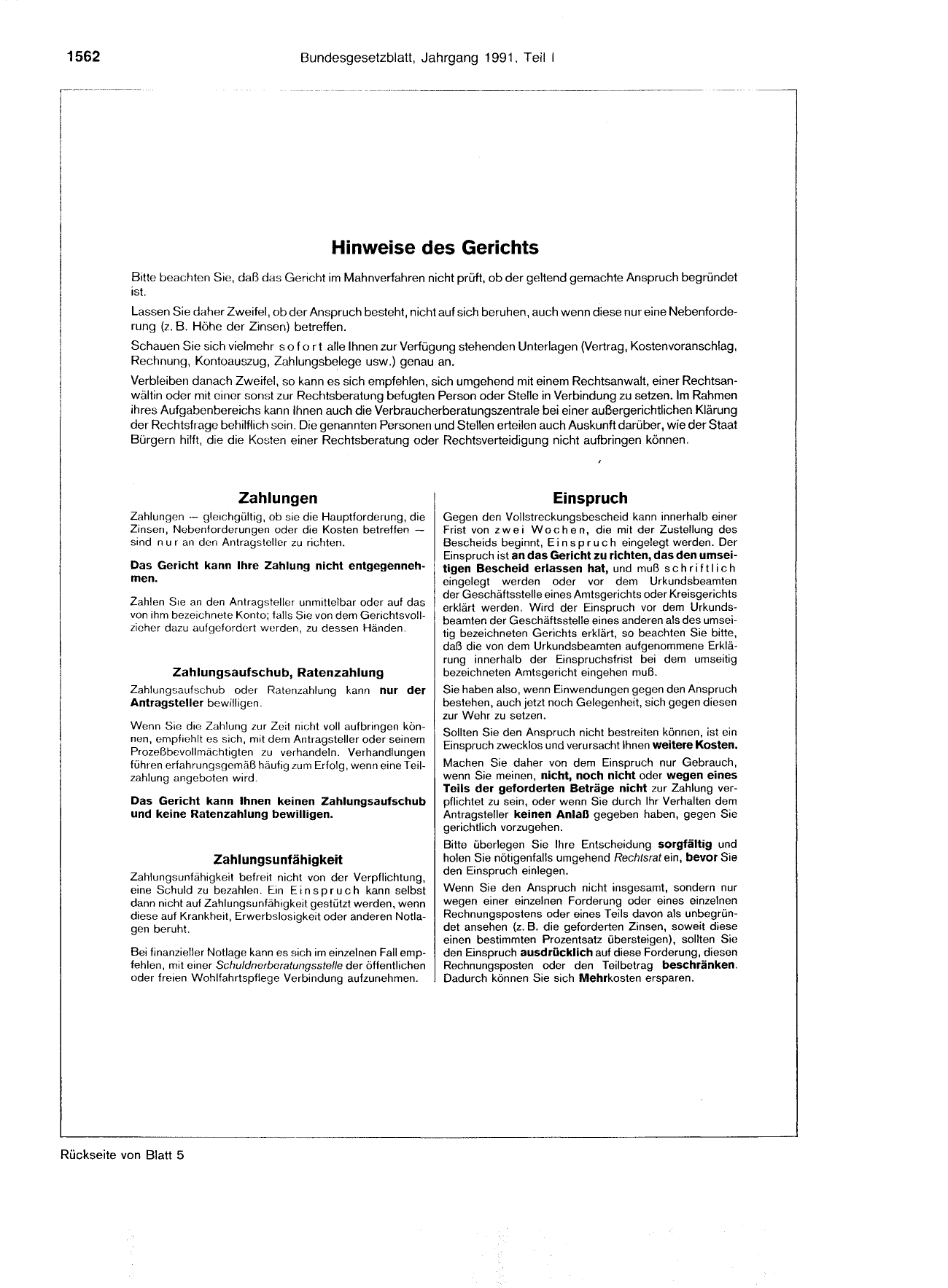 BGBl. 1991, Seite 1562 — Originalseite als Abbildung