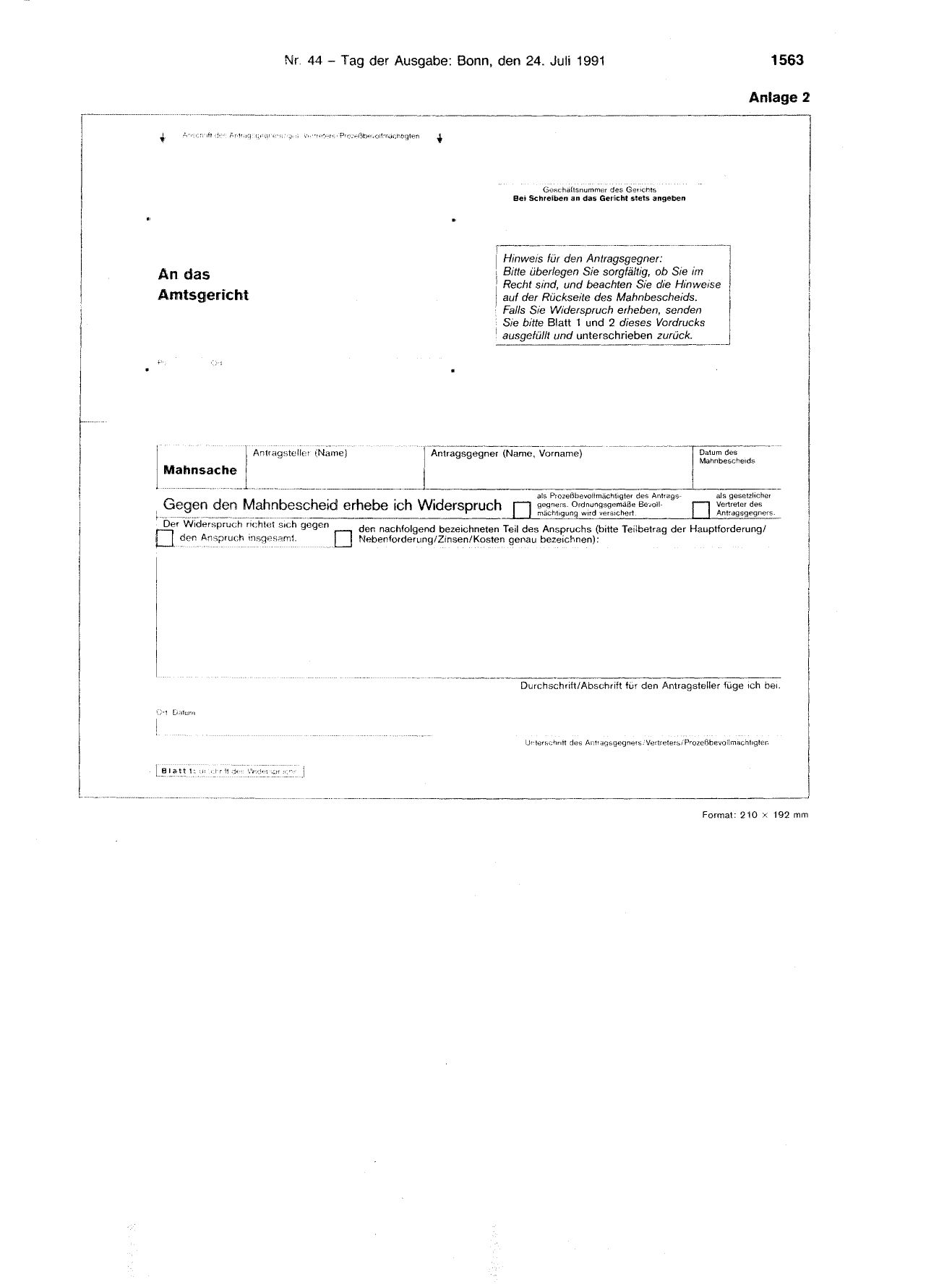 BGBl. 1991, Seite 1563 — Originalseite als Abbildung