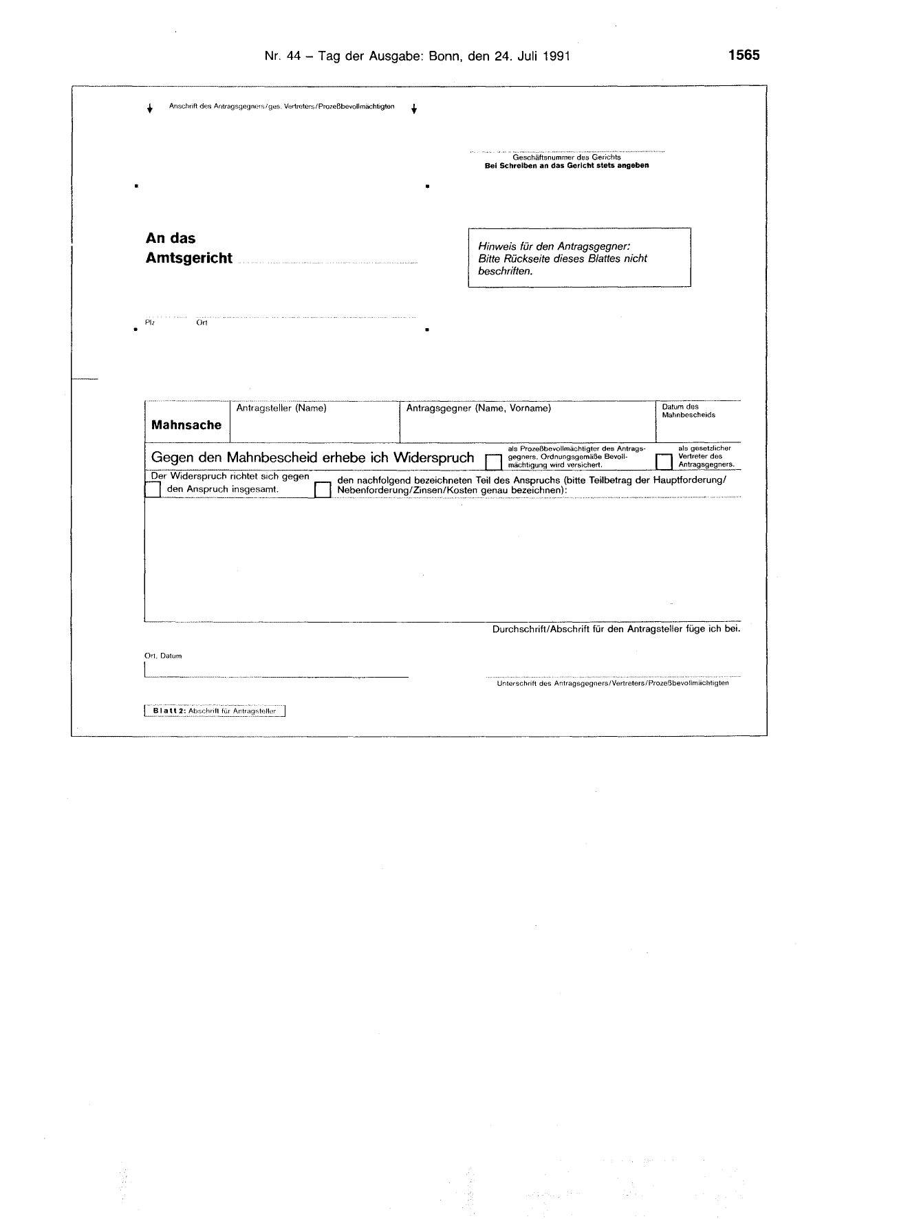 BGBl. 1991, Seite 1565 — Originalseite als Abbildung