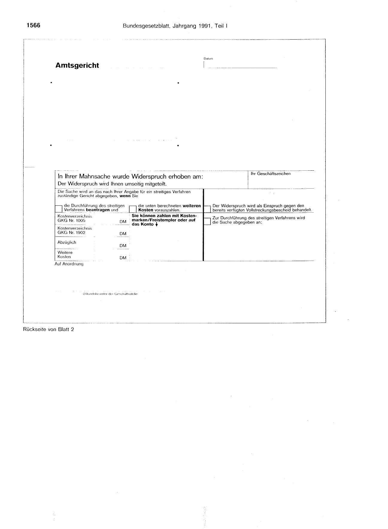 BGBl. 1991, Seite 1566 — Originalseite als Abbildung