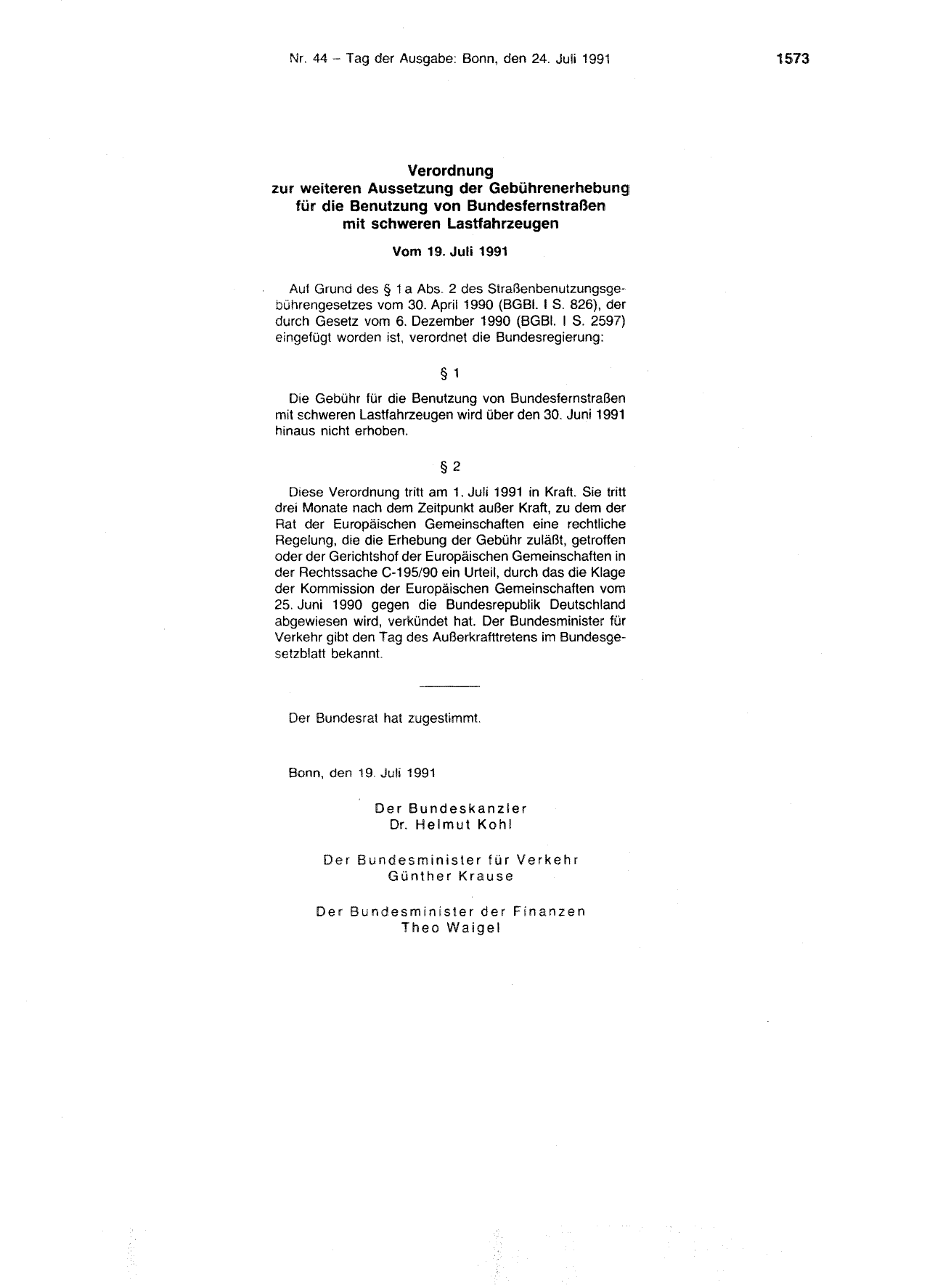 BGBl. 1991, Seite 1573 — Originalseite als Abbildung