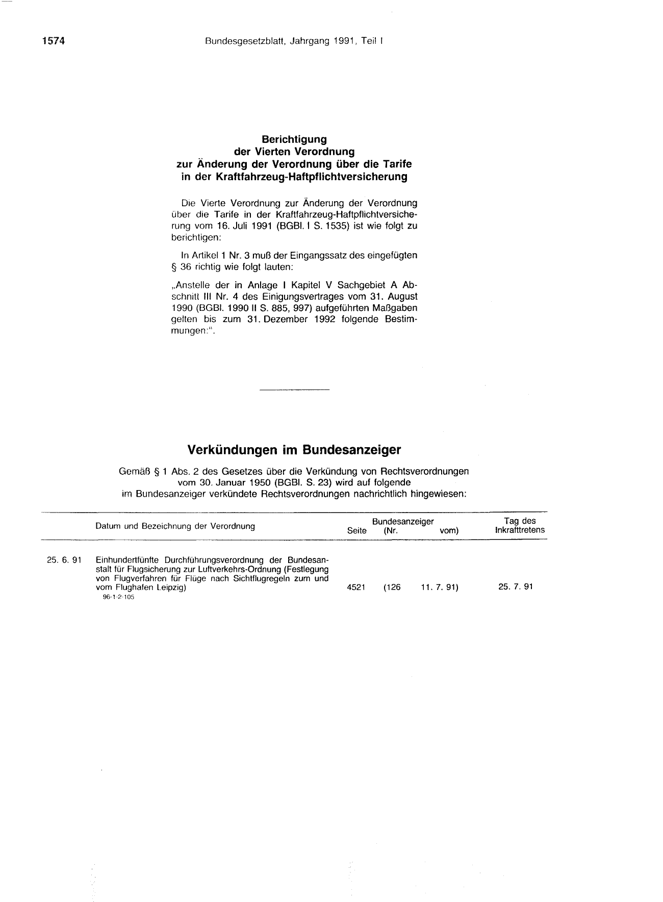 BGBl. 1991, Seite 1574 — Originalseite als Abbildung