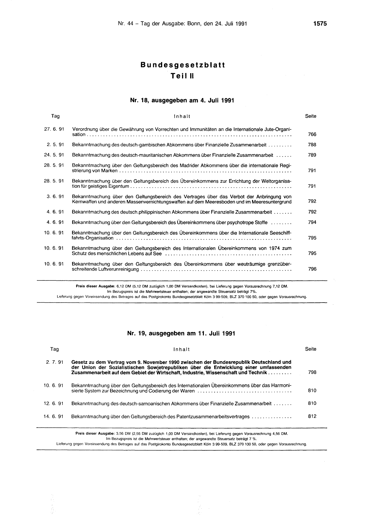 BGBl. 1991, Seite 1575 — Originalseite als Abbildung