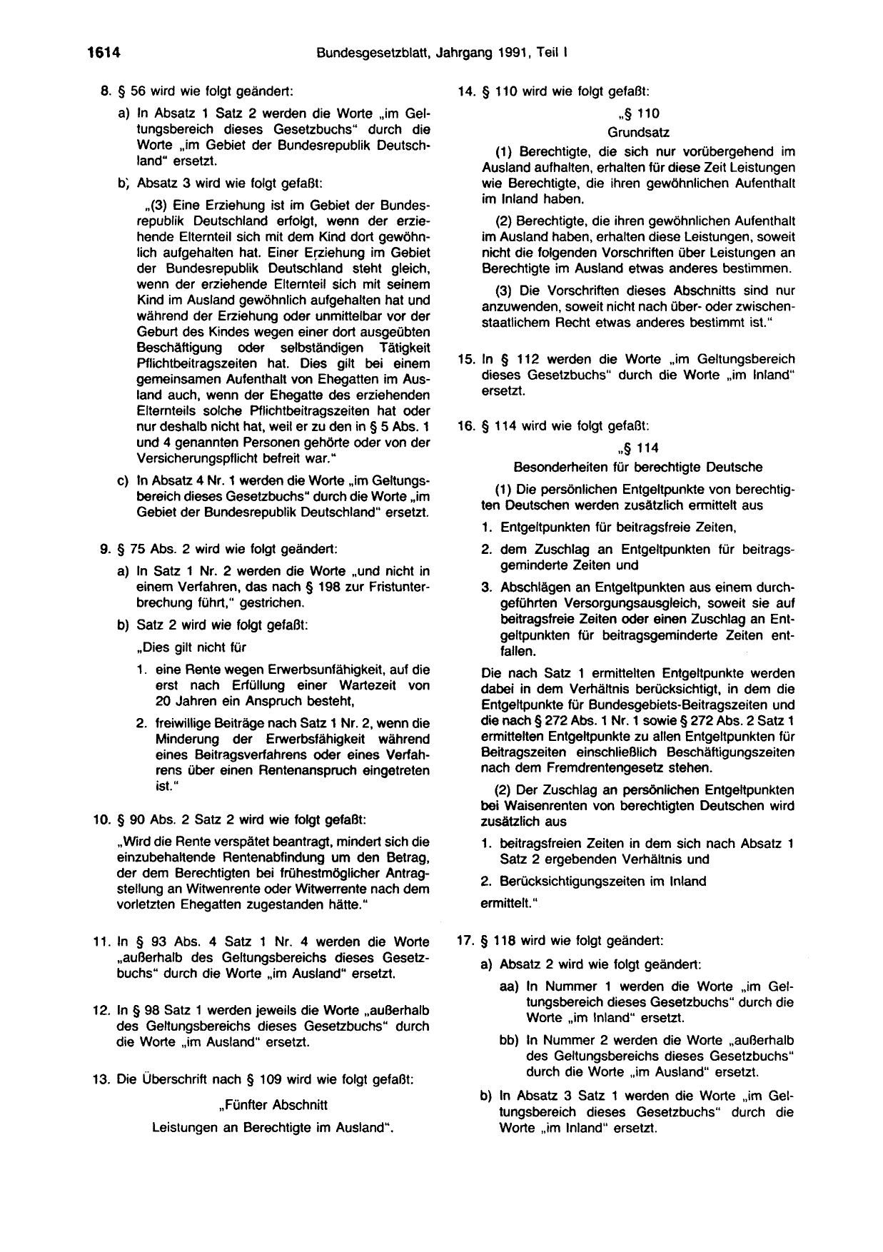 BGBl. 1991, Seite 1614 — Originalseite als Abbildung