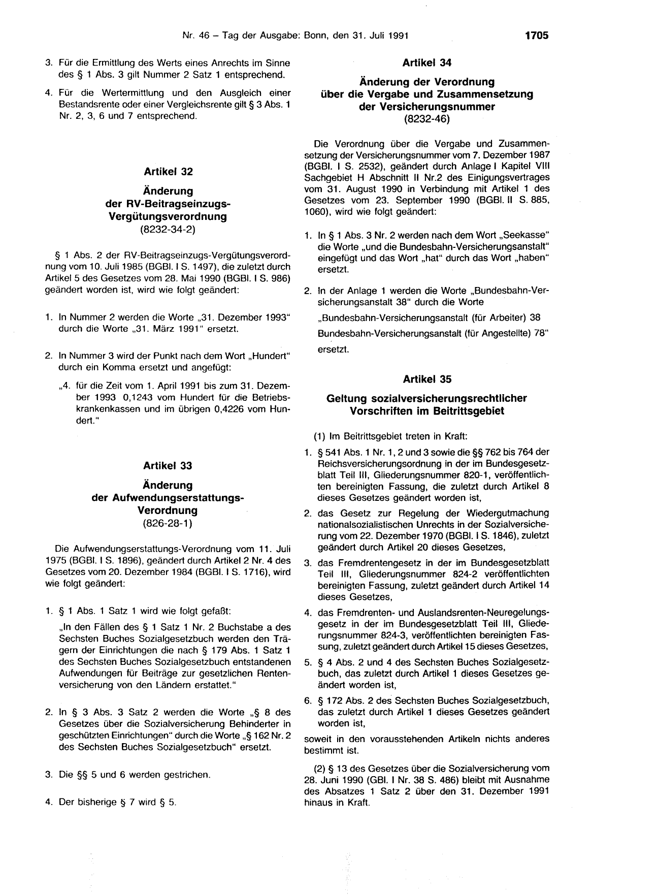 BGBl. 1991, Seite 1705 — Originalseite als Abbildung