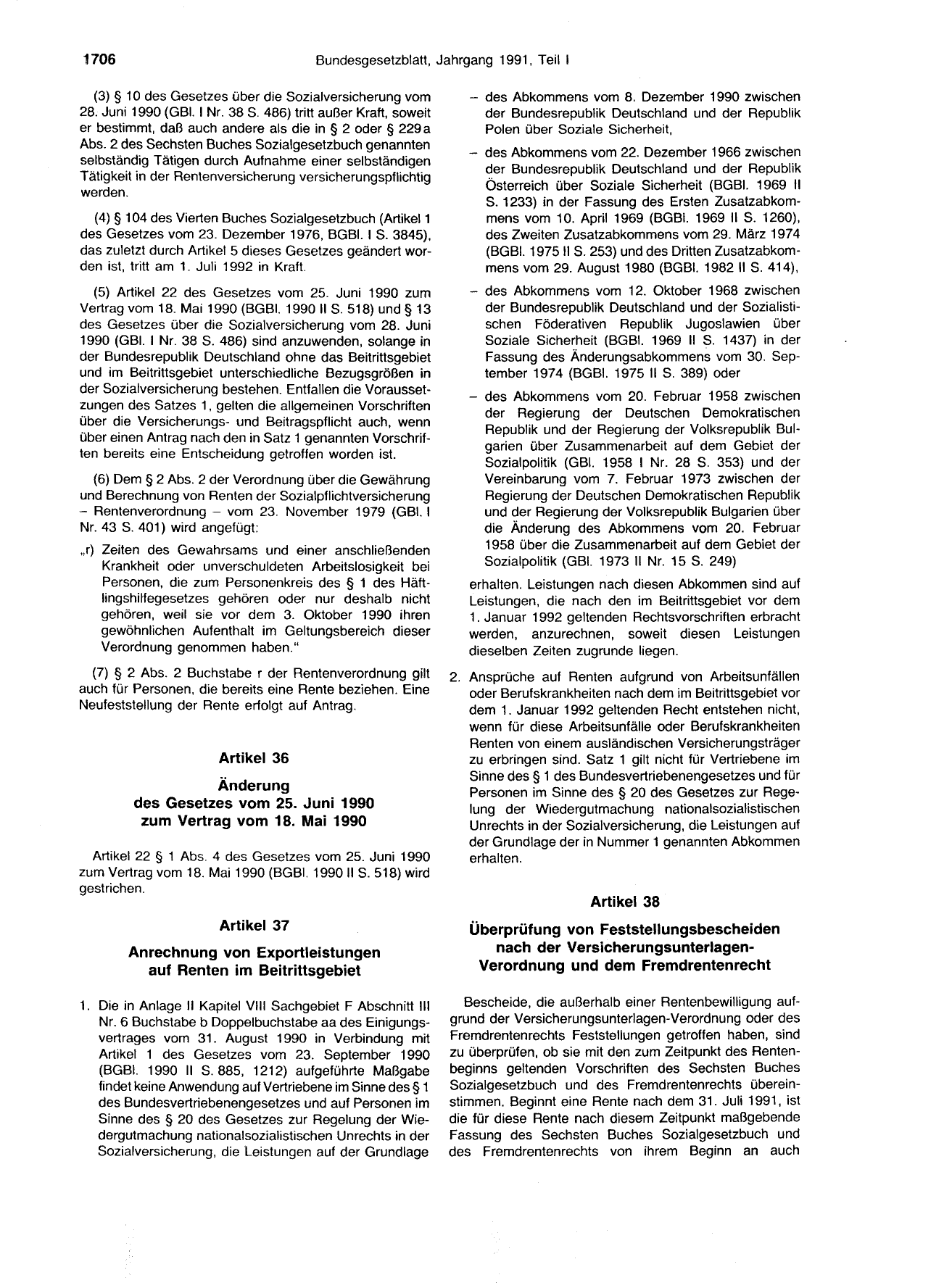 BGBl. 1991, Seite 1706 — Originalseite als Abbildung